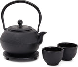 Juvale japansk tesæt med støbejernstekande (1200 ml), underkop og 2 kopper, tesæt i Tetsubin-stil, sort