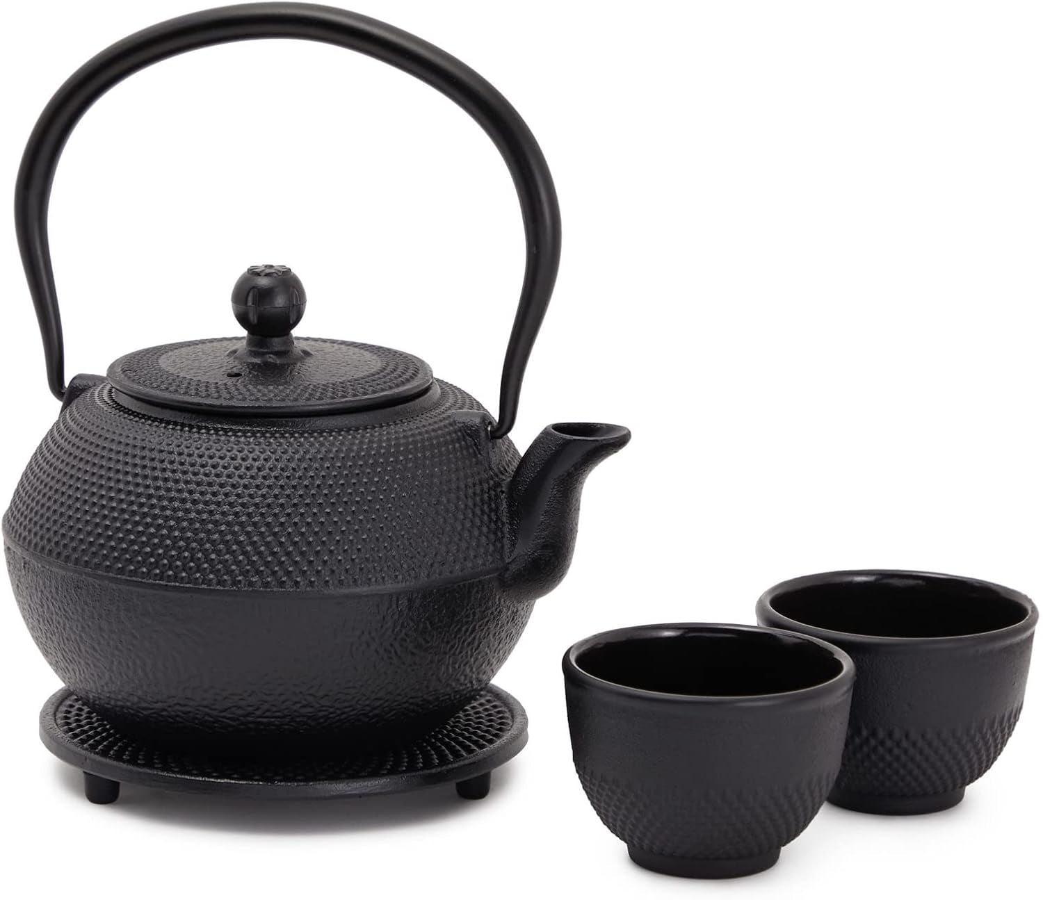 Juvale japansk tesæt med støbejernstekande (1200 ml), underkop og 2 kopper, tesæt i Tetsubin-stil, sort