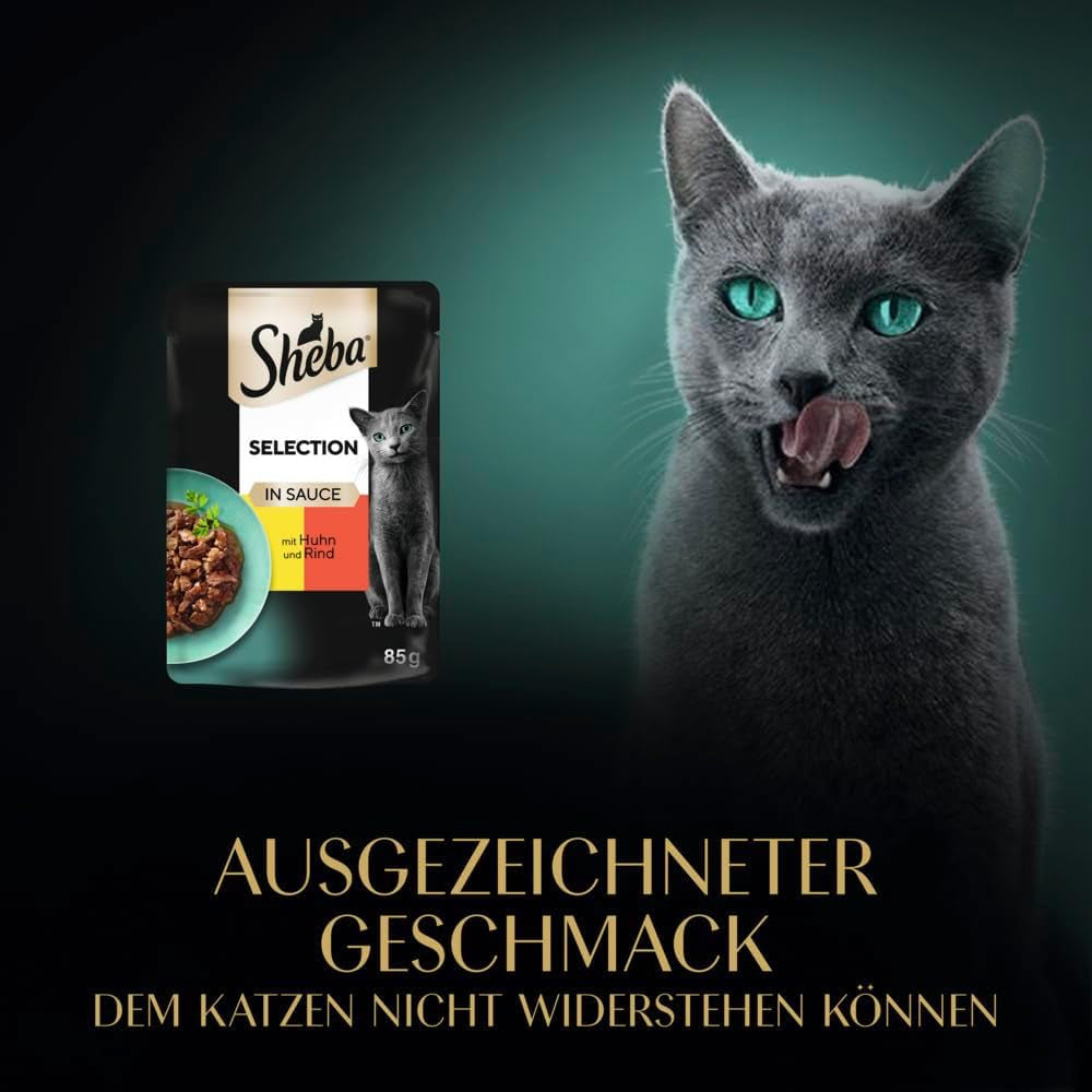 Vådfoder til katte Sheba Selection i portionsposer med kylling og oksekød i sauce 28x85g