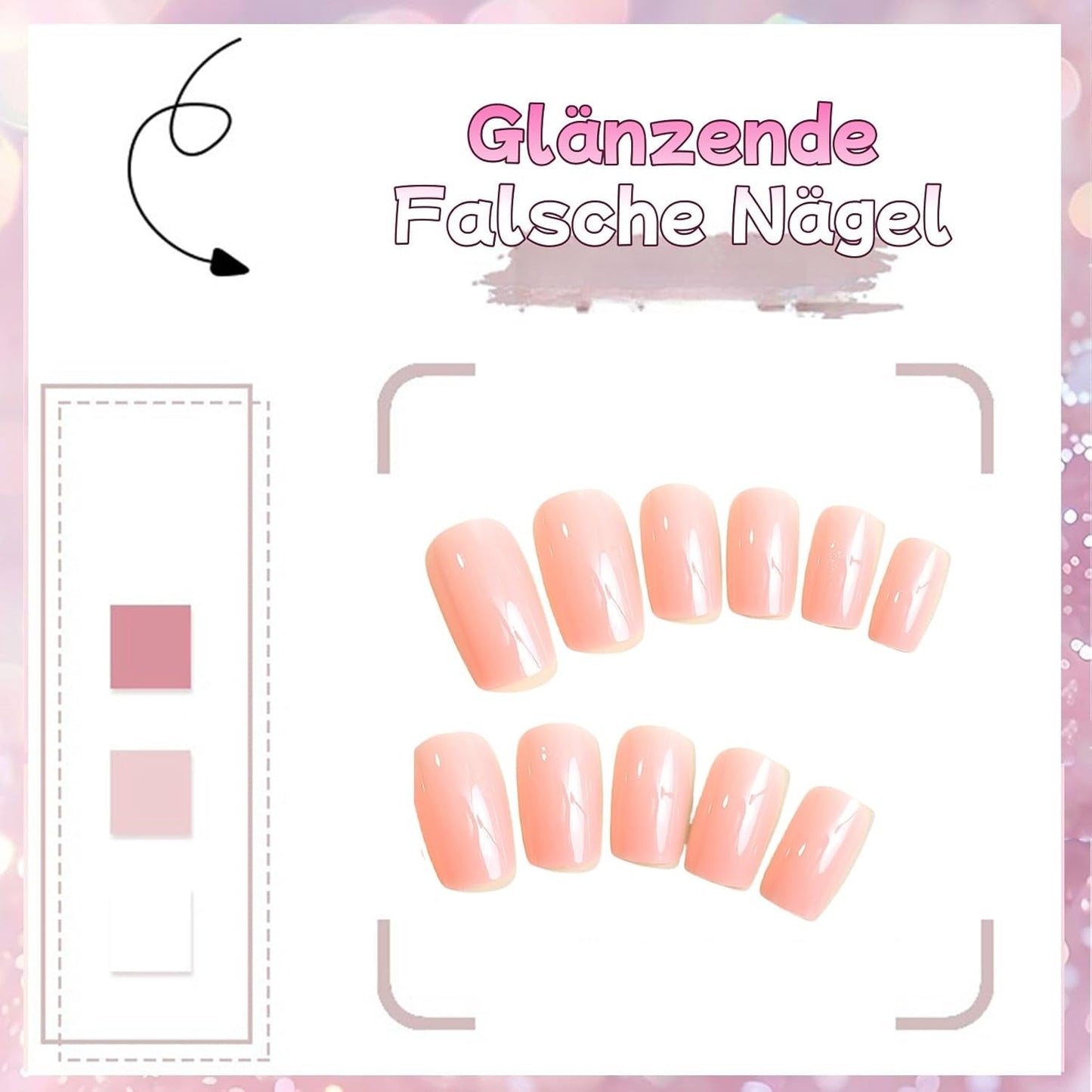24 stk Pink ensfarvede falske negle selvklæbende neutrale falske negle Medium firkantet blød gel til kvinder DIY fuld dækning Glitter falske negle