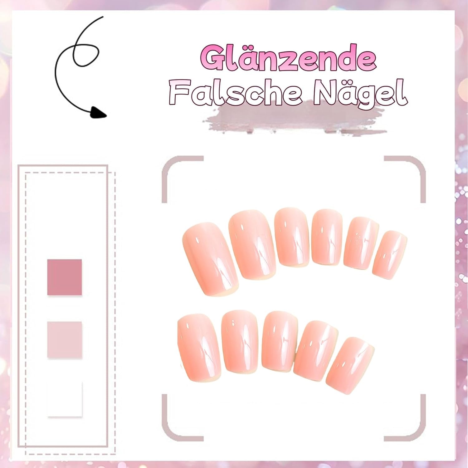 24 stk Pink ensfarvede falske negle selvklæbende neutrale falske negle Medium firkantet blød gel til kvinder DIY fuld dækning Glitter falske negle