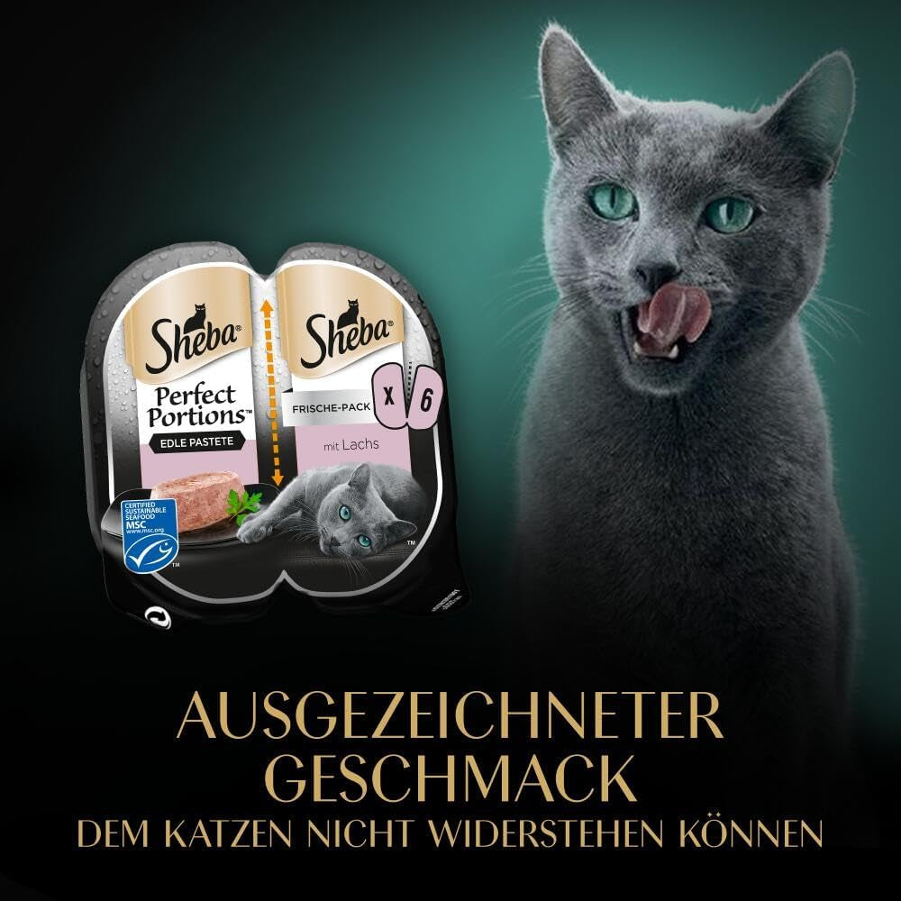 SHEBA Perfect PORTIONS pate til katte med laks, MSC certificeret, 8 x 3 x (2 x 37,5g) = 225g (Emballage vil blive opdateret)