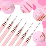 6 Stück Liner Nailart Pinsel Nageldesign Pinsel Sæt Dünn Acryl Nagelpunkt-Zeichenwerkzeug Nägel Dünne Nagelpinsel Sæt Für Lange Linien, Dünne Details, Feines Zichnen 5/7/9/11/15/25 Mm（Rosa）