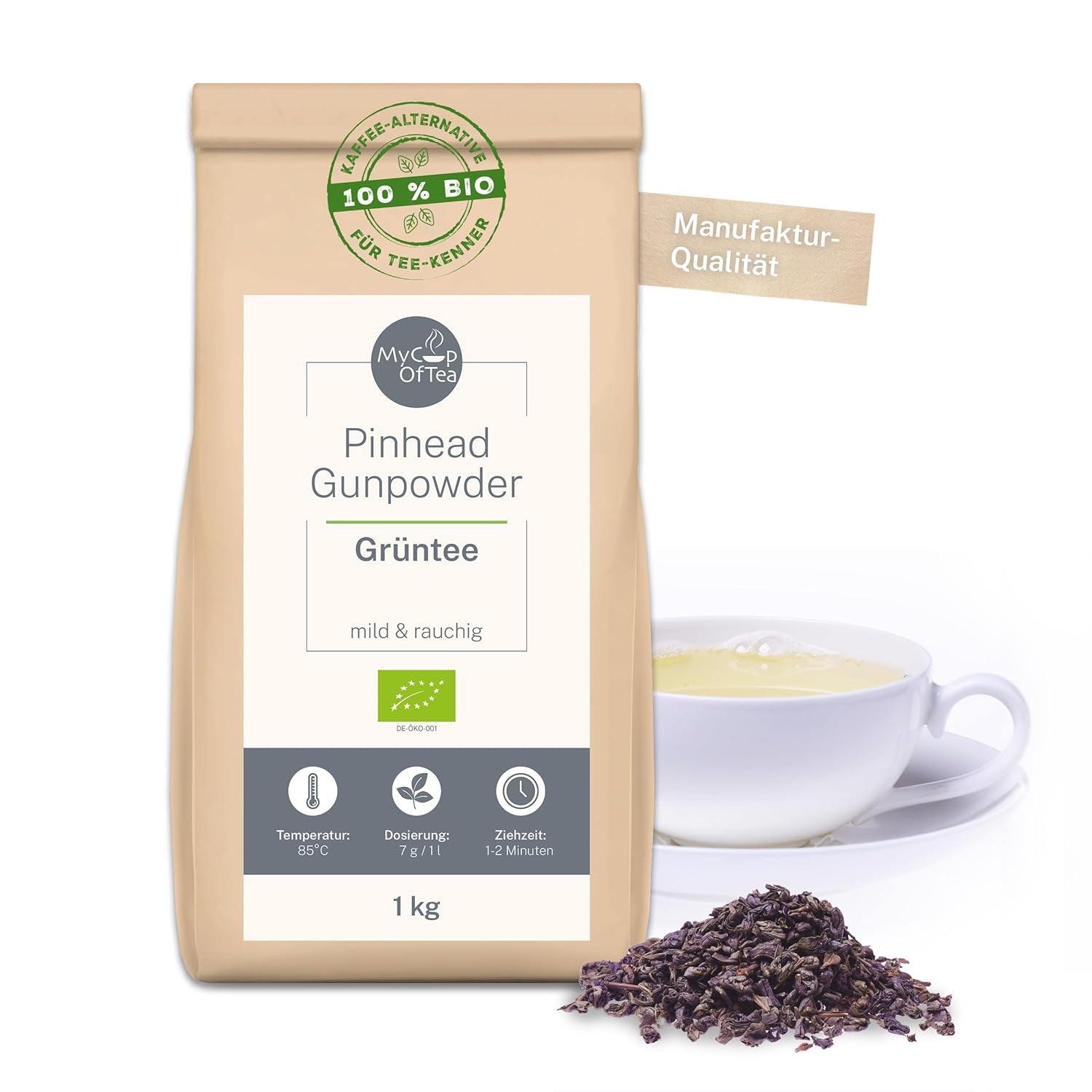 Pinhead Krudt Økologisk Grøn te Bulk 1 kg – Økologisk grøn te af høj kvalitet fra Kina – Let røget smag – Til gourmeter og tekendere – Mycupoftea