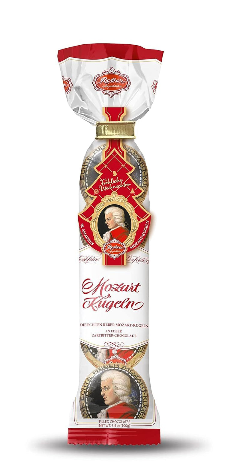 Reber Mozart kugler - 5 poser af 5 slik i juleudgaven - Autentiske Reber Mozart kugler, lavet af mørk chokolade, marcipan og nougat