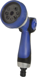 590078 – Spiralslangesæt, blå, 15 meter (diameter 9 mm) + multifunktionspistol med 8 dyser + automatisk indvendigt gevind med ¾-½ adapter + 2 lynkoblinger + hængende beslag