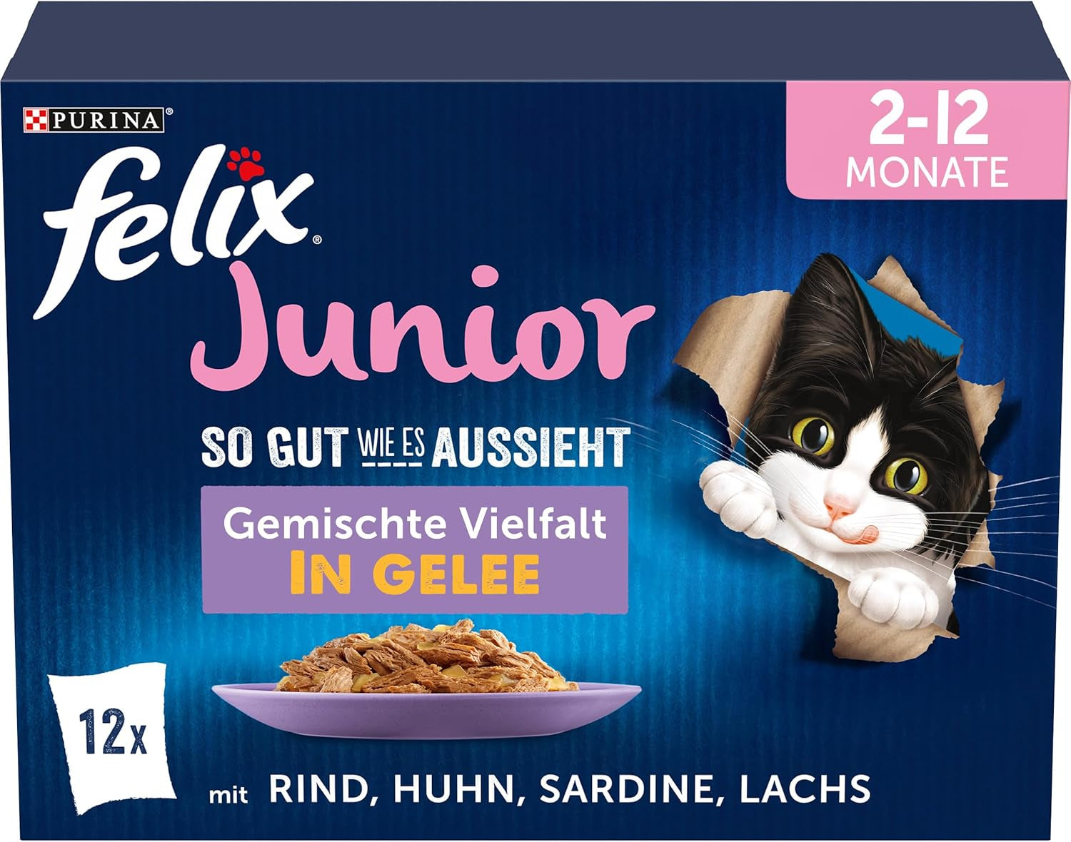 Felix As Good As It Looks Junior Vådfoder i gelé til killinger, assorteret blanding, pakke med 6 (6 x 12 poser á 85g hver)