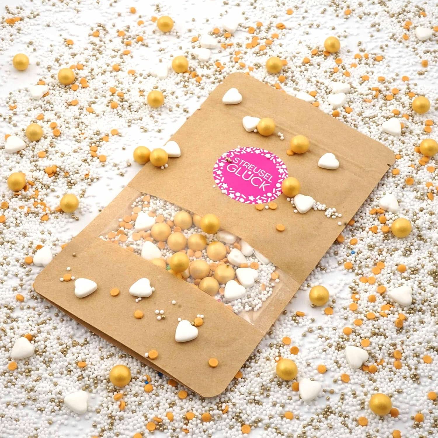 Streusel Glück, Drys med hvide hjerter og gyldne kugler, 40 gram Sprinkles Naty Shop