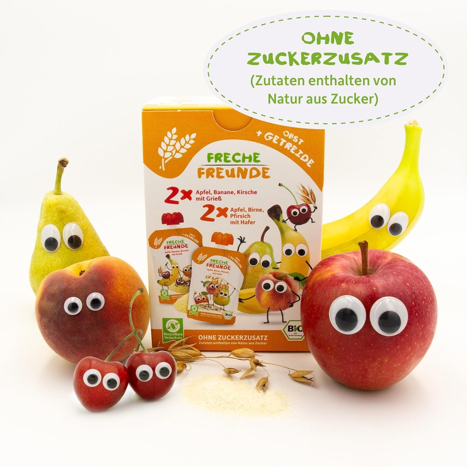 FRECHE FREUNDE Økologisk blanding i multipak-pressepose - Frugt + Korn, Frugtpuré med korn i en klembar pose til babyer fra 6 måneder, vegansk, pakke med 3, 3 x (4 x 100g)