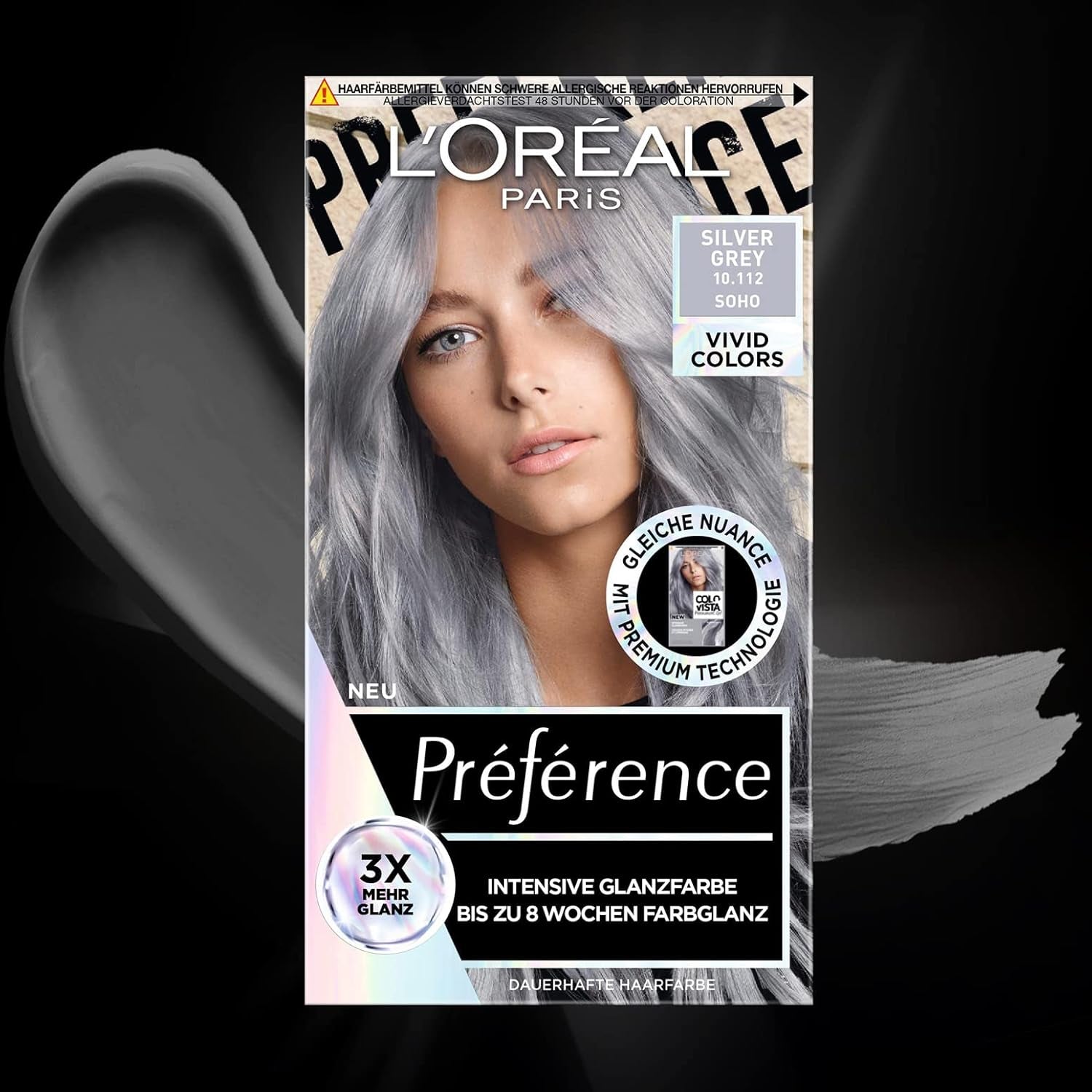 L'Oréal Paris Intensiv permanent hårfarve, Op til 8 ugers skinnende hår og intens farve, Préférence Vivid Colours, Farve: 10.112 SØLVGRÅ, 1 stk (pakke med 2) Hårfarve Naty Shop