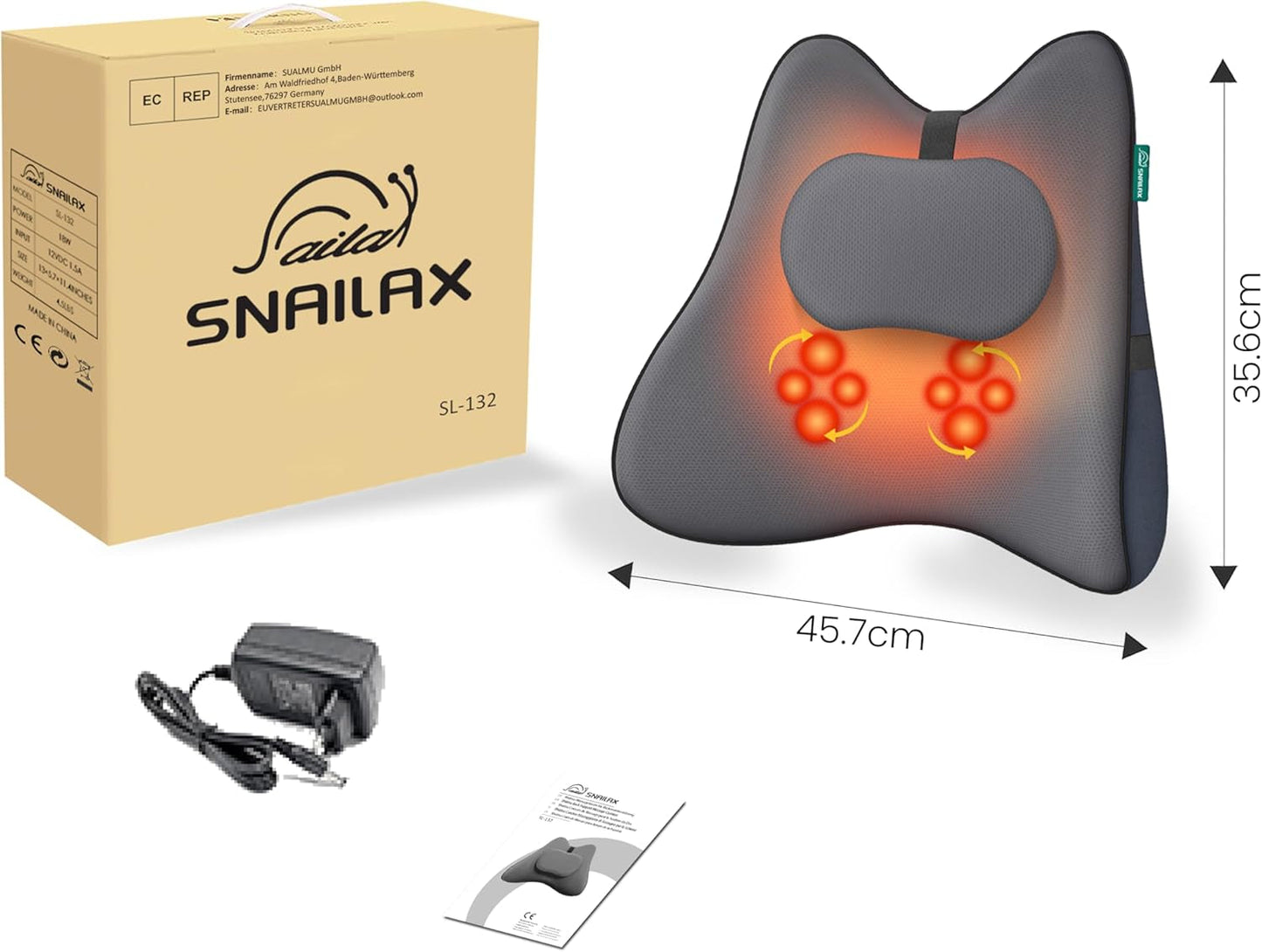 Snailax Ergonomisk lændestøttepude med massage og varme, Shiatsu rygpude med memoryskum, sædepude med 3 massageintensiteter | 2 varmeniveauer | 3 timere | behagelig siddestilling