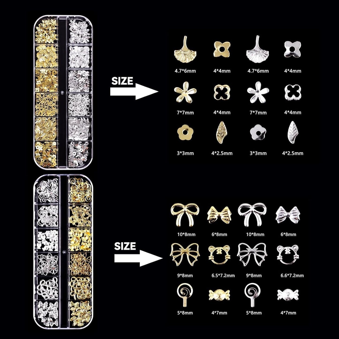 Sømnøglekæder 4 æskesæt - 48 typer guld og sølv 3D sømnøglekæder (sommerfugle, blomster, perler osv.) + pincet og kuglepen - til gør-det-selv-gel- og akrylnegle | Ideal for nail salon and home