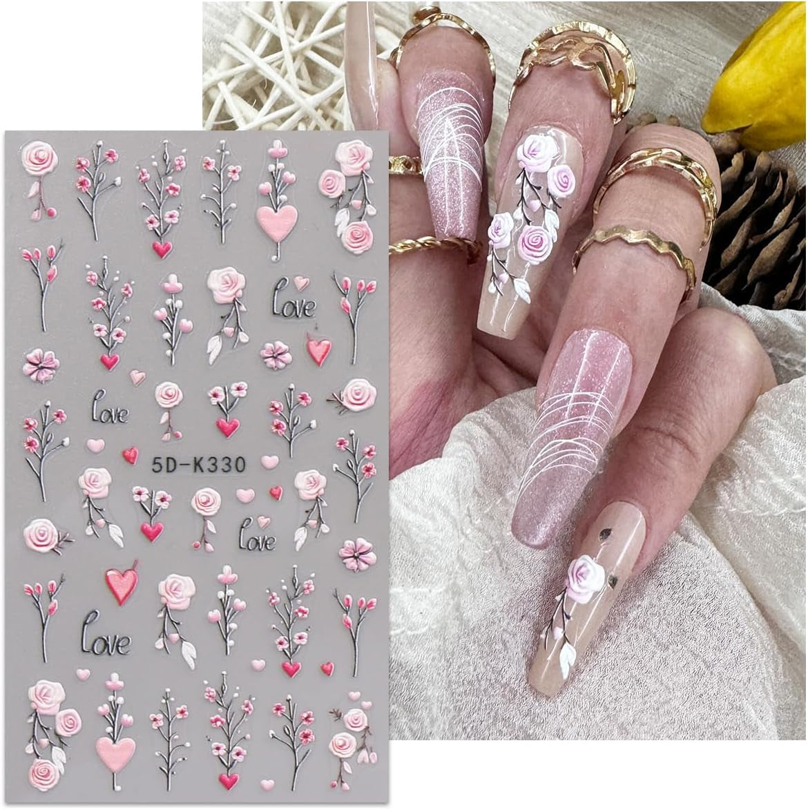 JMEOWIO 3D Nagelsticker Blumen Nail Art Sticker Selbstklebend Nagelaufkleber 5D Stereoskopisk Frühling Sommer Dekoration Nageldesign Zubehör 4 Blatt