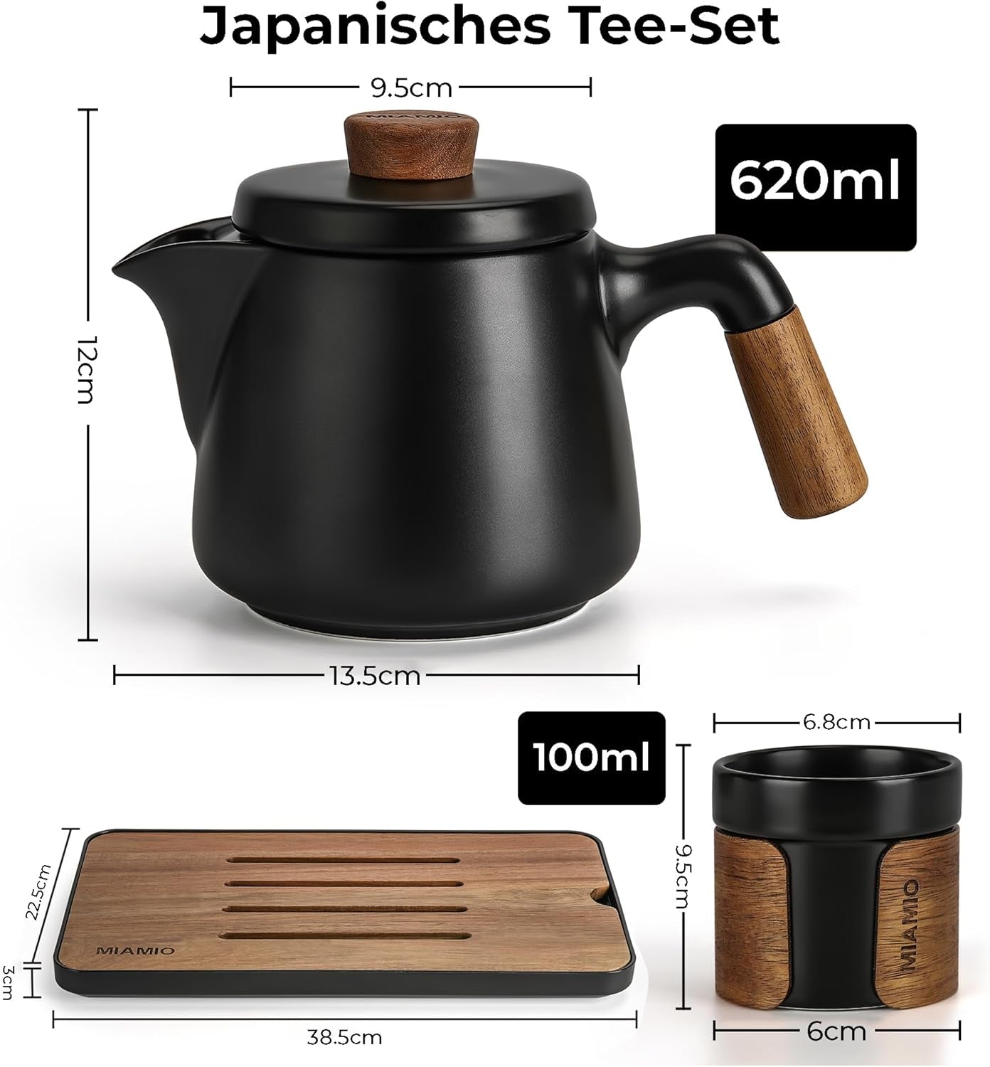 MIAMIO - Japansk/kinesisk tesæt 6 x 100 ml / Asiatisk tekande 620 ml med teinfuser, traditionelt japansk tekandesæt til teelskere/mænd/kvinder (sort)