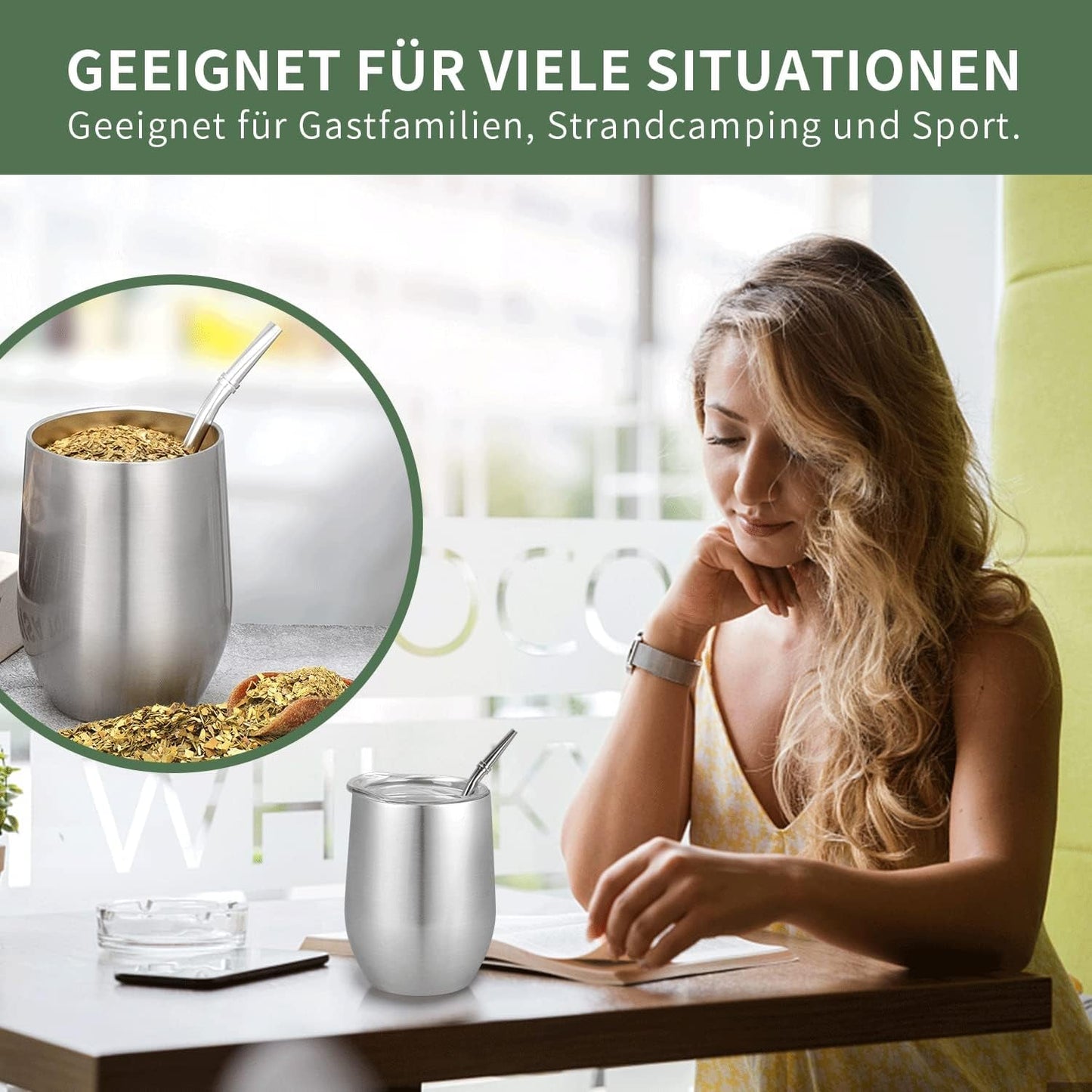Moderne Mate-krus 340 ml, isoleret Yerba Mate-krussæt med dobbeltvæg i rustfrit stål, Mate-tekrus med BPA-frit låg, Bombillas og en rensebørste (sølv)