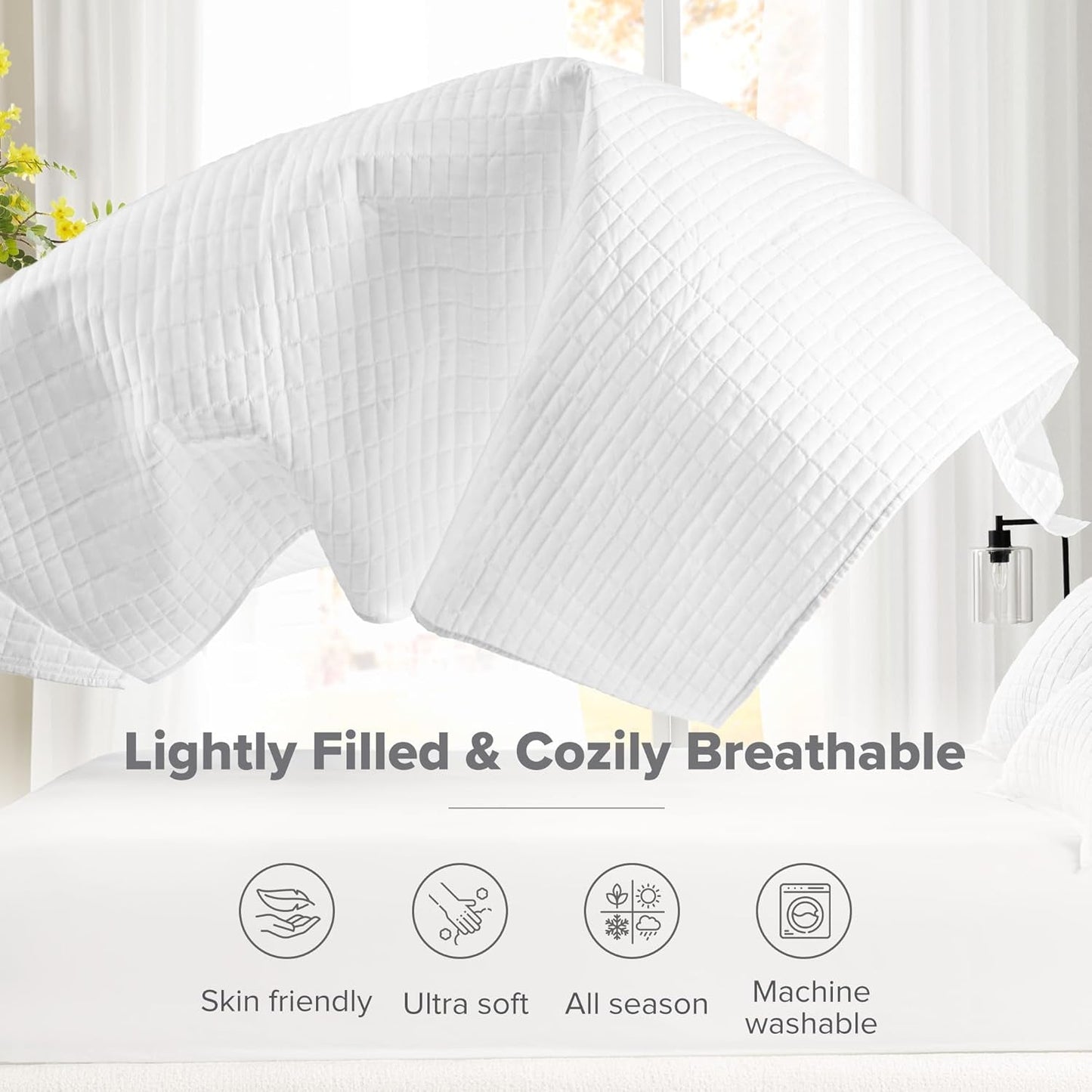 Comfort Spaces Kienna Quilt Sæt Luksus Dobbelt Stitch Sommertæppe Letvægts Blødt Helårs Sengetøj Matchende pudebetræk Hvid King Size tæppe (264,2 X 228,6 Cm) Naty Shop Dyner og dyner