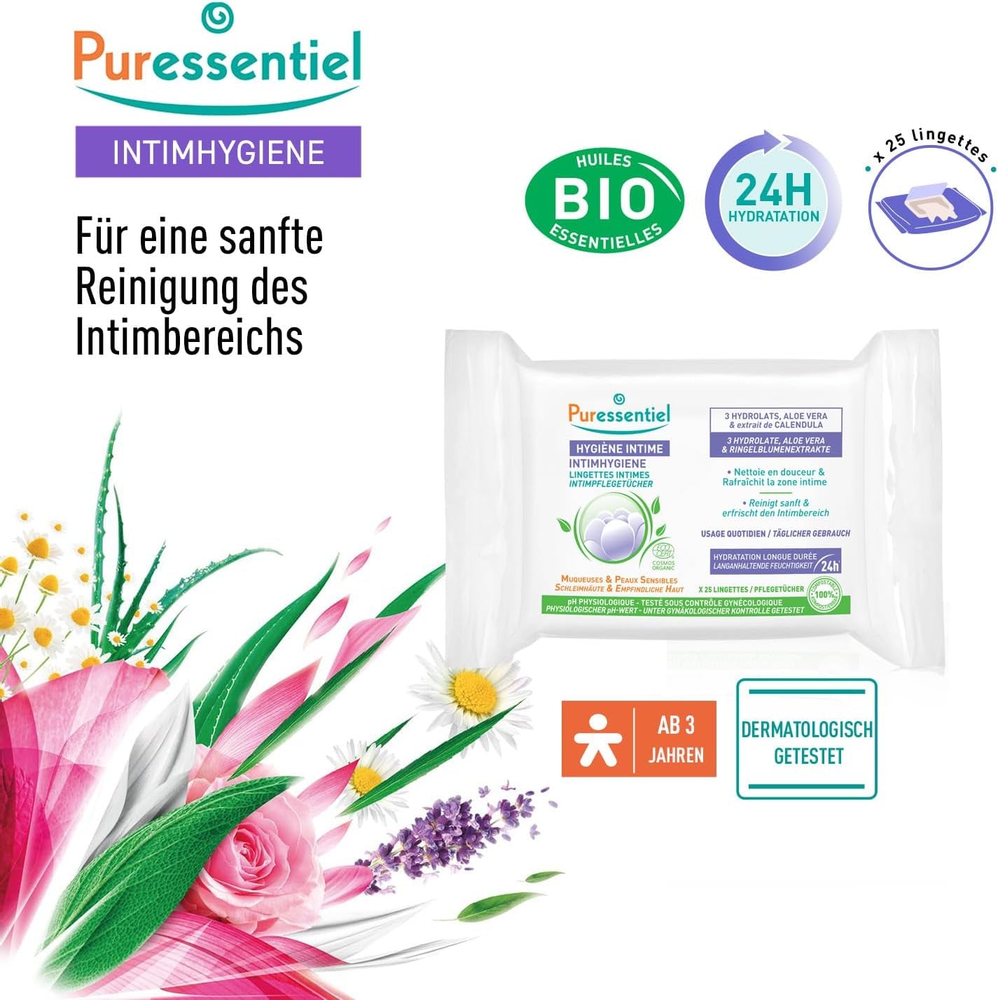 Puressentiel - Intim hygiejne - Intimservietter - Rensende og opfriskende - Følsomme slimhinder og hud - Langtidsvirkende hydrering 24 timer - Til daglig brug - X25 stk.