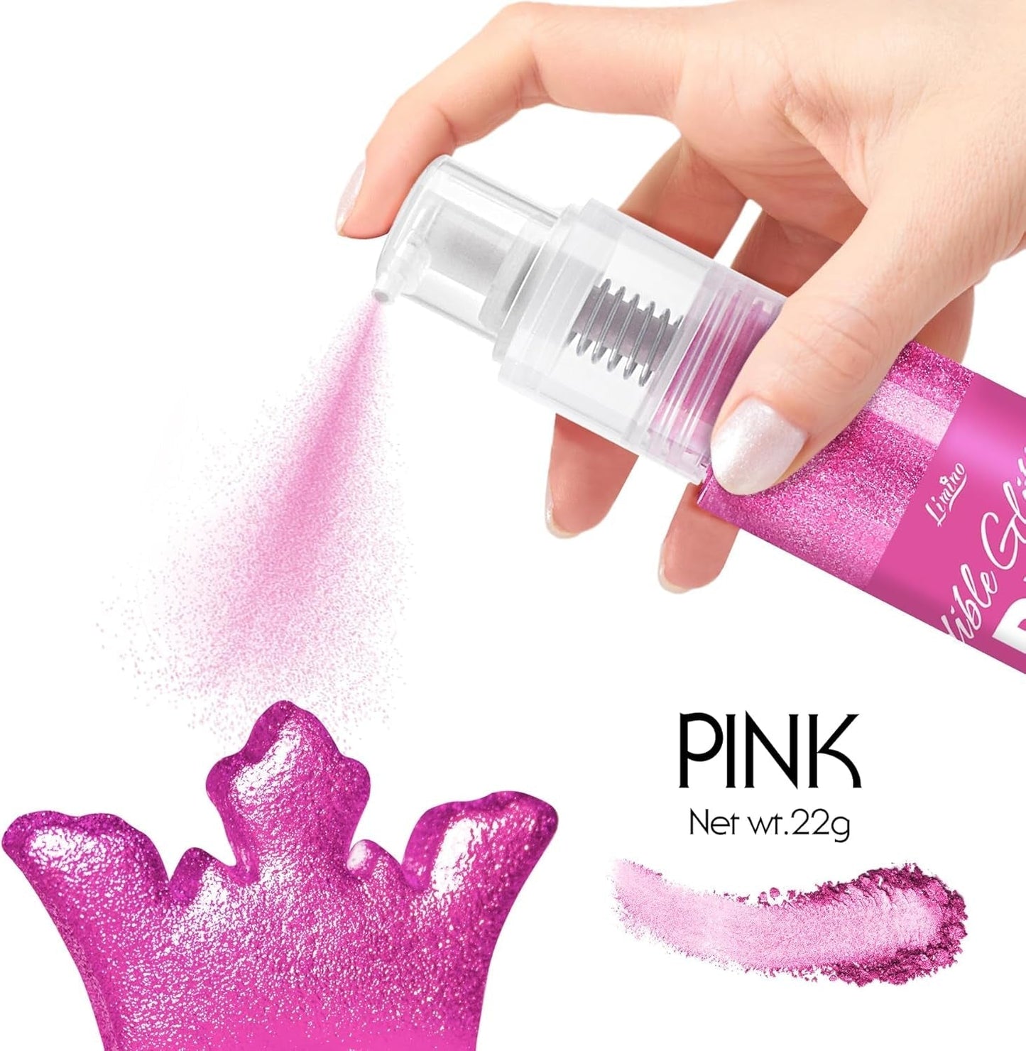 Spiselig glitterspray - 22G spiselig glitter, spiseligt glitterpulver til drinks, kagepynt, macarons - madfarve glitterpulver, spiseligt glitter til cocktails, muffins (pink)