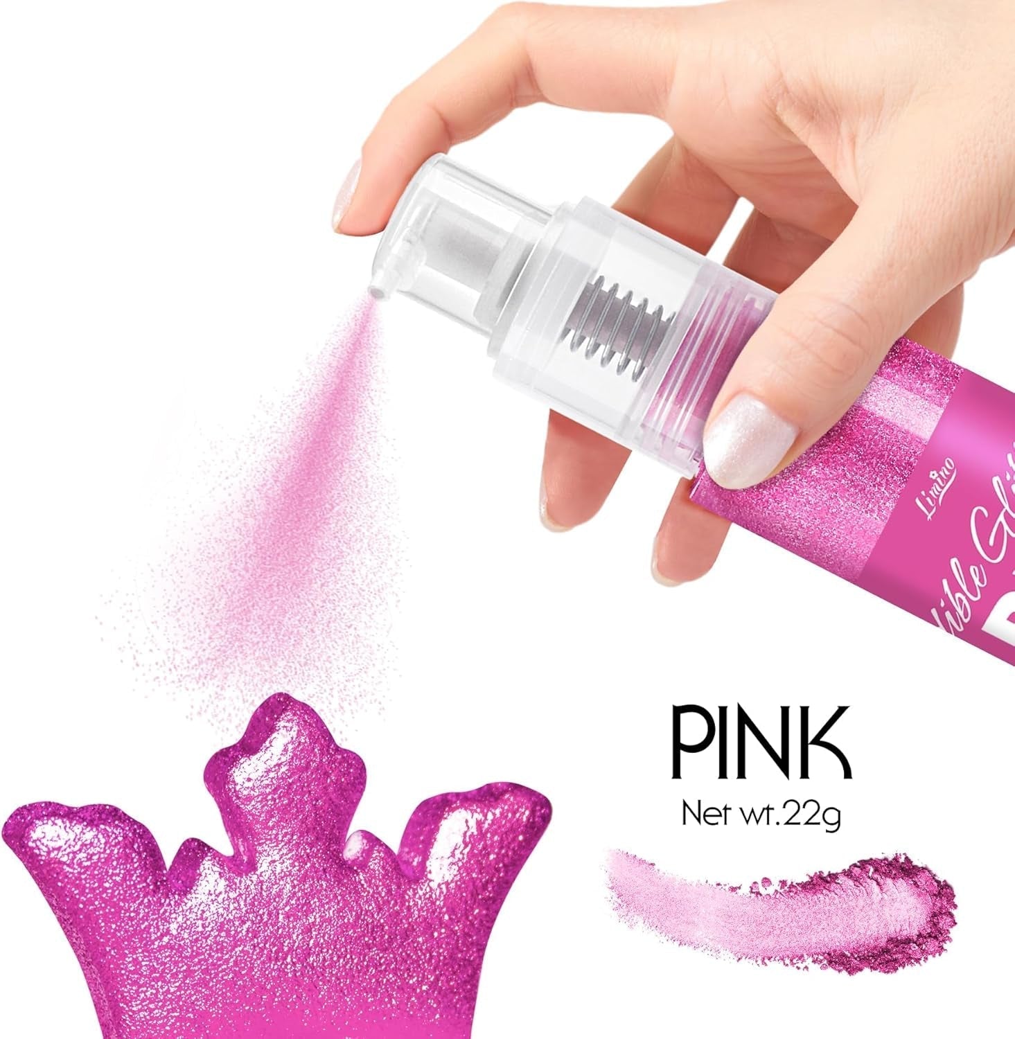 Spiselig glitterspray - 22G spiselig glitter, spiseligt glitterpulver til drinks, kagepynt, macarons - madfarve glitterpulver, spiseligt glitter til cocktails, muffins (pink)