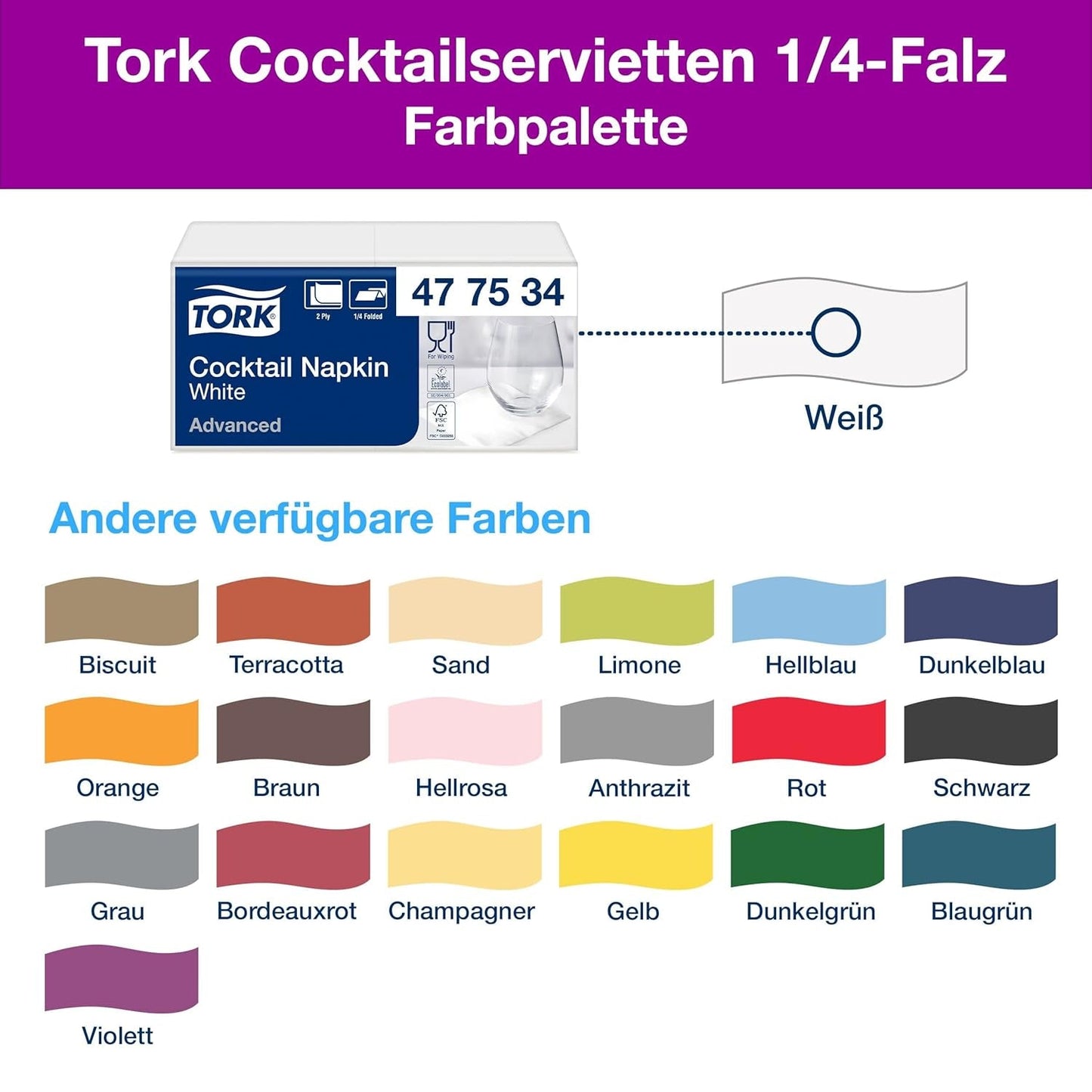 Tork Cocktail hvide servietter, 1/4-fold, 2-lags, 24 cm × 24 cm, 200 servietter, 477534