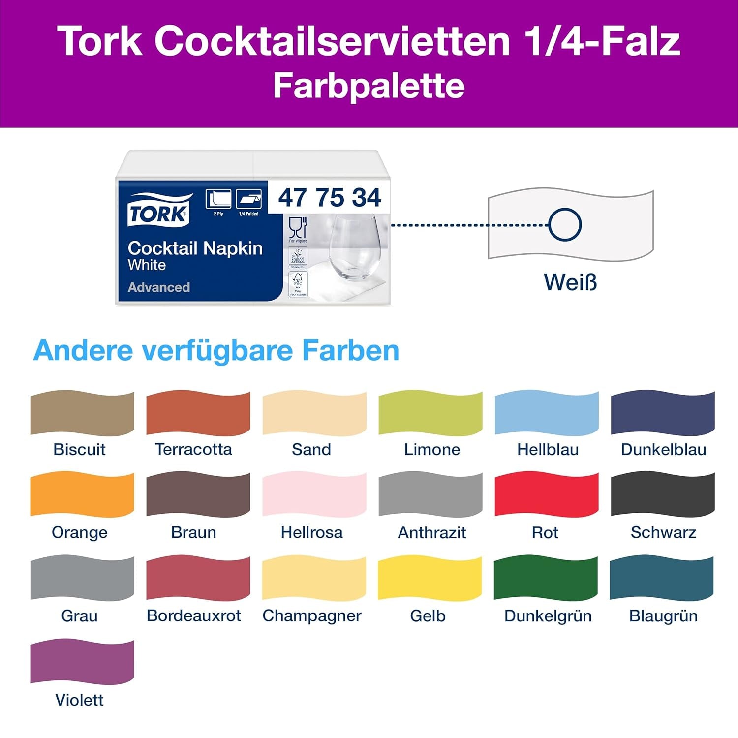 Tork Cocktail hvide servietter, 1/4-fold, 2-lags, 24 cm × 24 cm, 200 servietter, 477534
