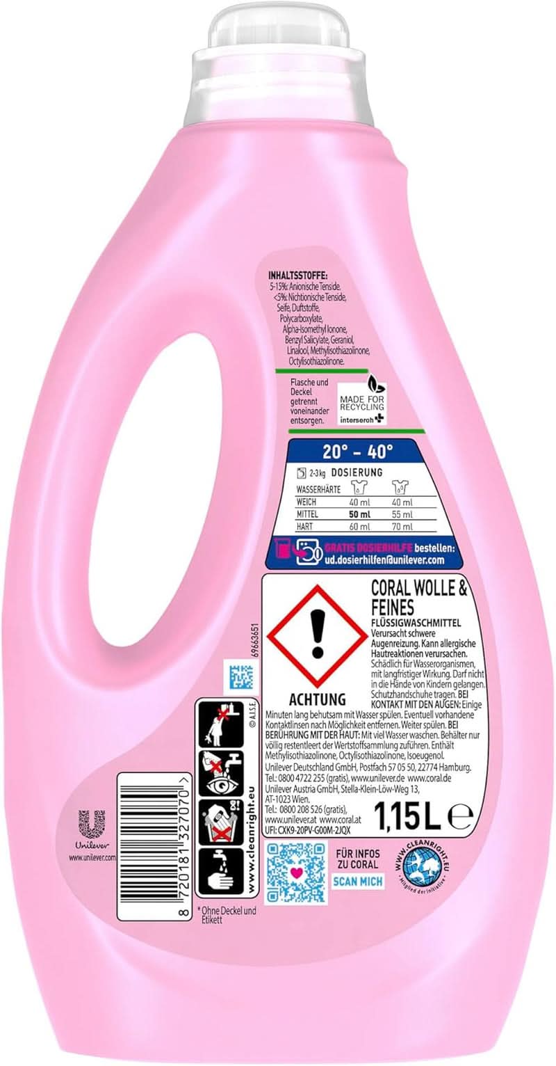 Coral sart flydende vaskemiddel til uld og fint vasketøj, 23 vaske, 1,15 liter Vaskemidler Naty Shop