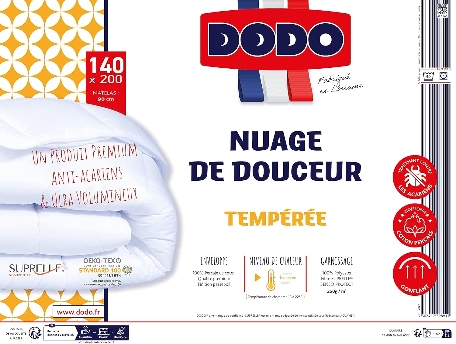 Tæppe, Percale, Premium bomuld, Tempereret, 140 X 200 Cm, Til enkeltseng, Skyformet tæppe, Bidefast og oppustelig, Maskinvaskbar ved 40 °C Dyner og dyner Naty Shop