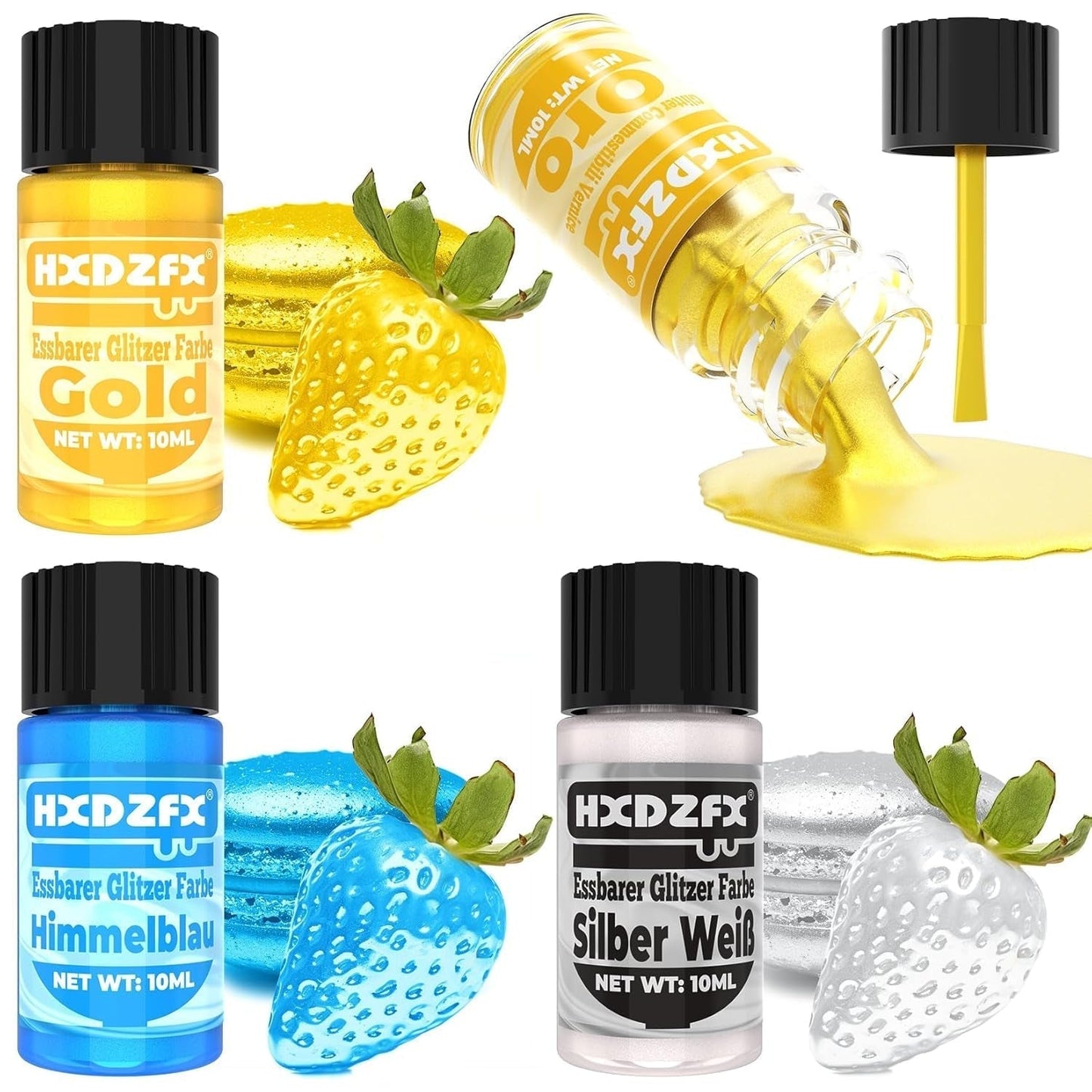 Essbarer Glitzer - 3 Torten Kuchen Deko Essbare, Metallic Lebensmittelfarbe Flüssiges, Edible Glitter Für Muffin, Cocktail, Marshmallows - 10Ml Naty Shop Standardtitel