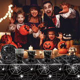 49 styks Halloween Spider Papir Bestiksæt Inklusiv tallerkener, servietter, glas og dug. Sort spisestel med desserttallerkener, servietter og glas.