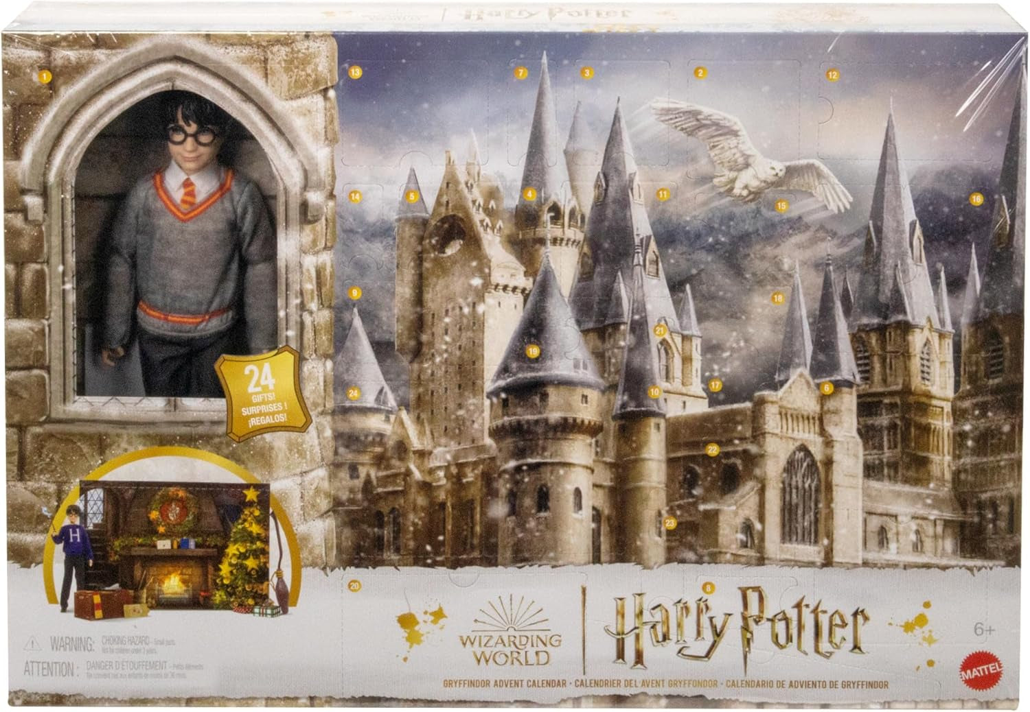 HARRY POTTER Gryffindor adventskalender - 24 historier, magiske overraskelser, Hogwarts fællesrum, naturtro ansigt, for fans i alderen 6+, HND80 dukker Naty Shop Gryffindor adventskalender