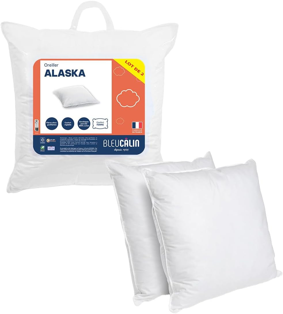 Blå Câlin sæt med 2 puder med fast komfort "Alaska", super fyld, 100% bomuld Percale konvolut, hvid, 65 X 65 cm Firkantet form Naty Shop Standard puder