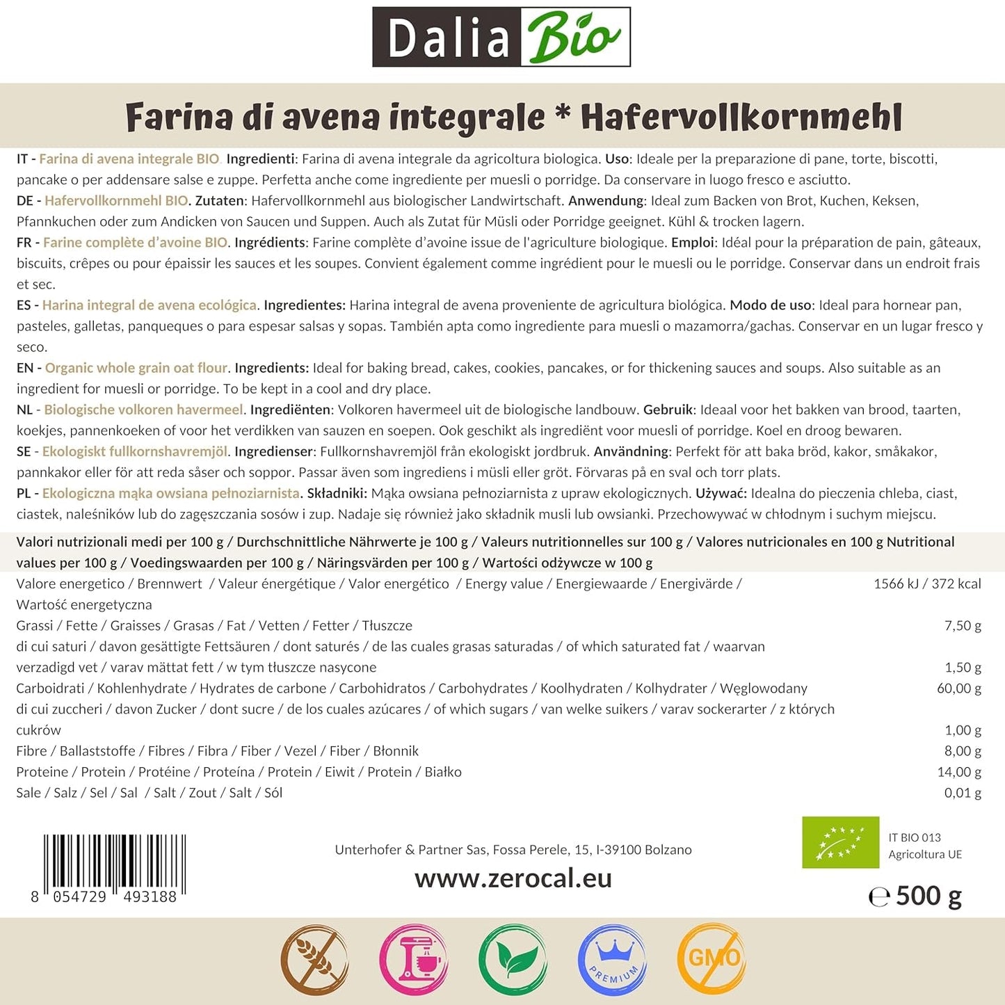 Dalia - Økologisk hel havremel 500g | Glutenfri | Rig på fibre og protein Oprindelse: Italien | Til brød, kager, grød og fitnessopskrifter | Premium kvalitet