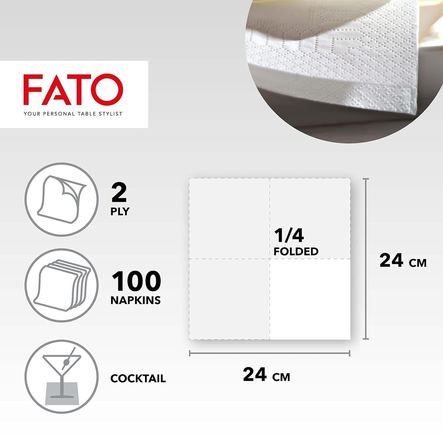 , Engangspapirservietter, ideelle til forretter og cocktails, pakke med 100 servietter, størrelse 24X24, 4-fold, 2-lags, hvidt, 100 % rent cellulosepapir, Fsc-certificeret (pakke med 6)