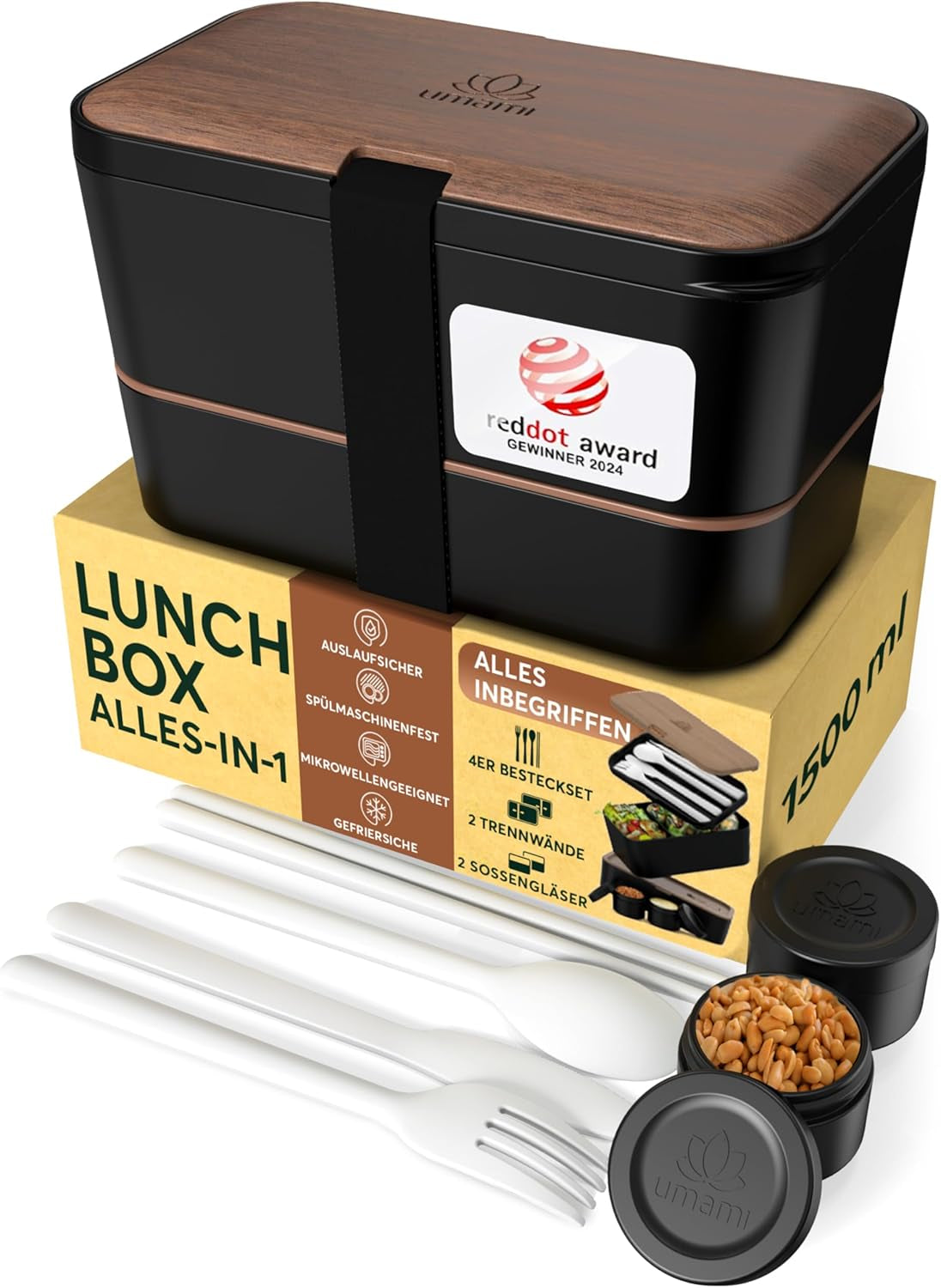 Umami madkasse til voksne, 4 bestik og rum Lækagesikker stabelbar Bento-kasse, voksenmadkasse, to-go salatbeholder, Picnic/kontor madpakke, koksgrå, 1500 ml Naty Shop Madopbevaringsbokse Sort valnød L - 1500 ml kan stables inde i hinanden