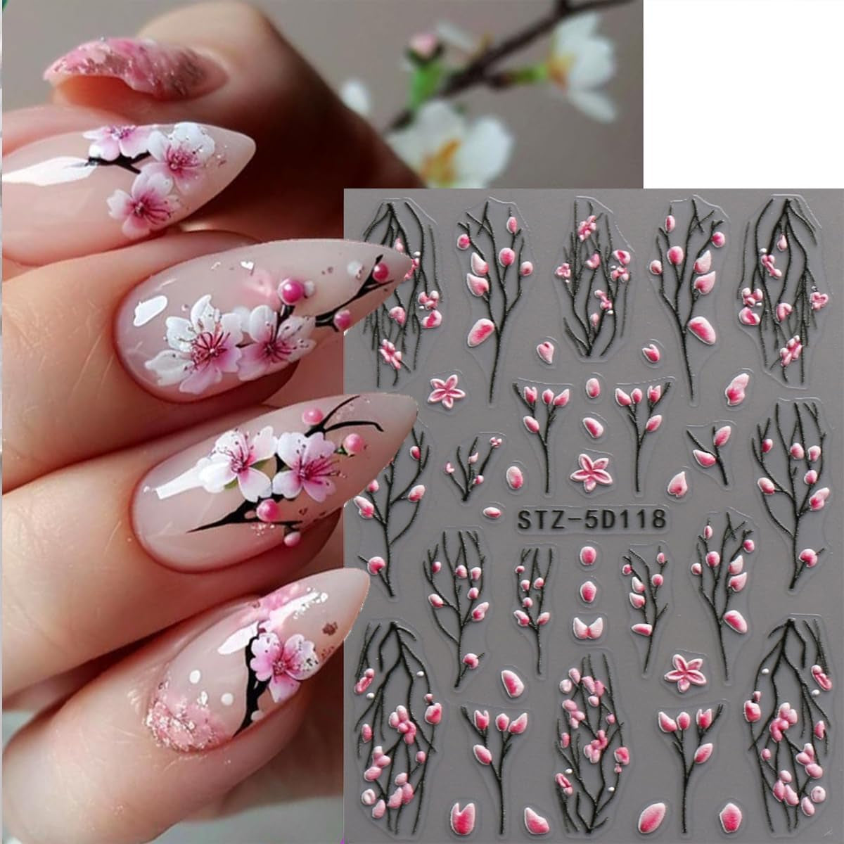 JMEOWIO 3D Nagelsticker Blume Nail Art Sticker Selbstklebend Nagelaufkleber 5D Stereoskopisk Frühling Sommer Floral Dekoration Nageldesign Zubehör 4 Blatt