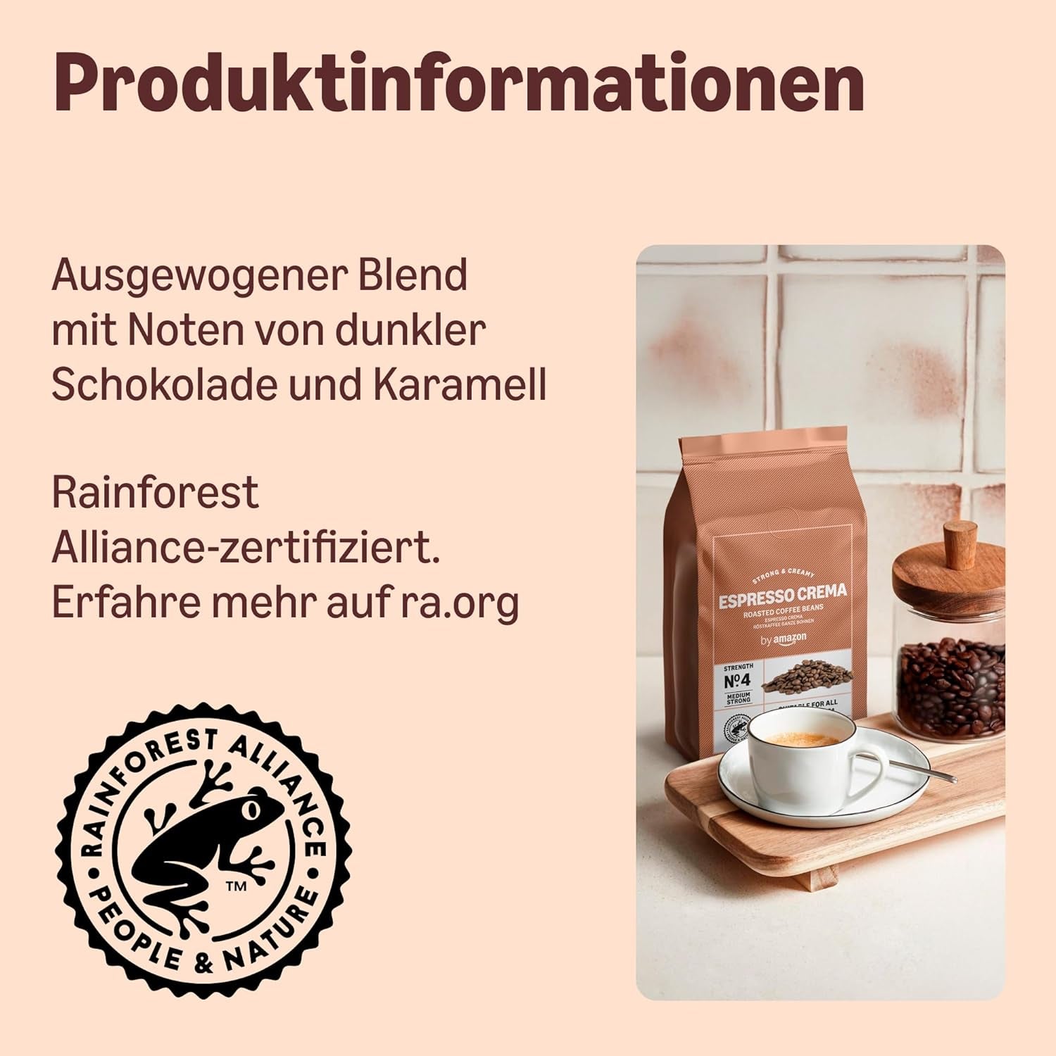 af Amazon Espresso Crema Röstkaffee Ganze Bohnen, 1 kg (2 pakker á 500 g), Rainforest Alliance-Zertifizierung