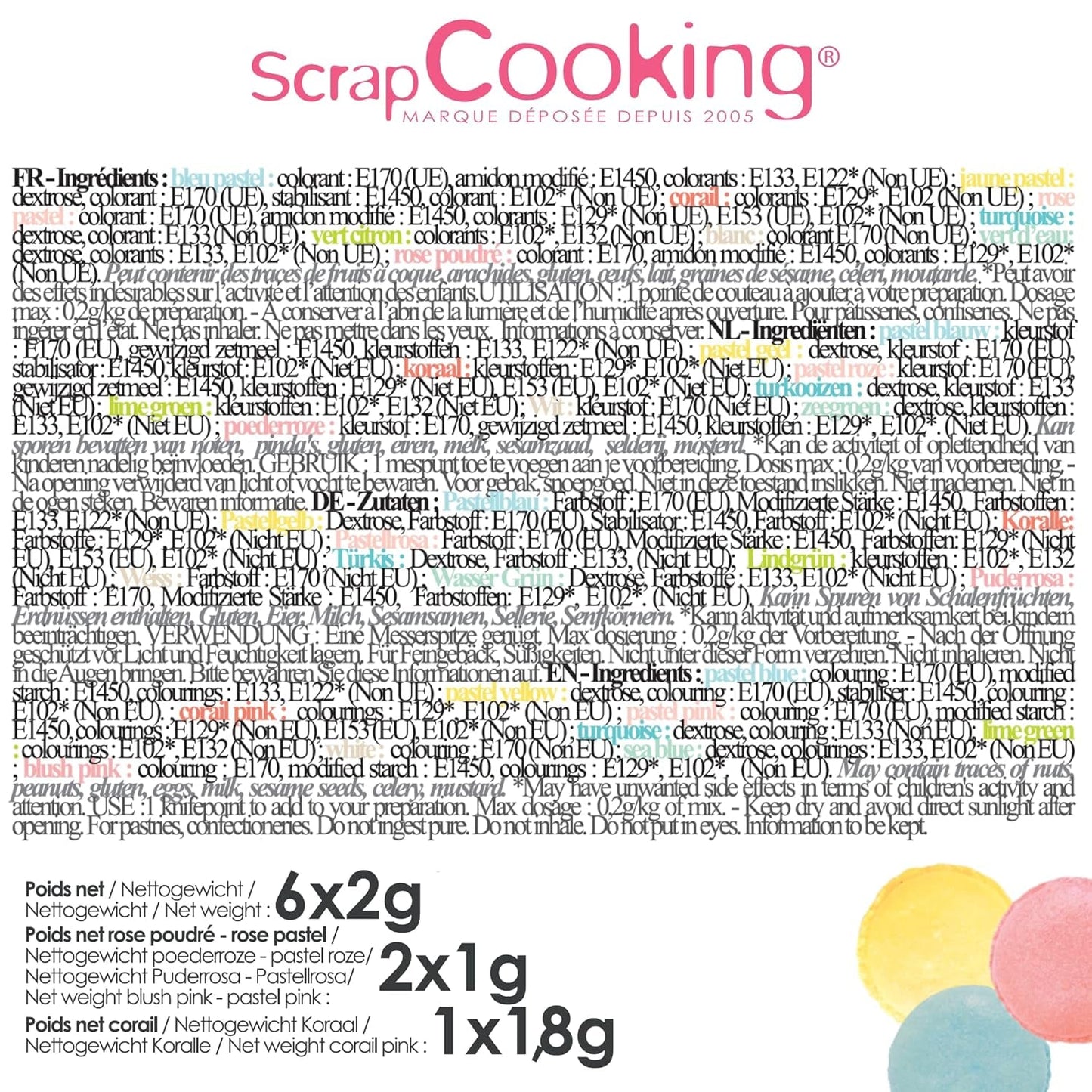 Scrapcooking - Sæt med 9 pastelfarver - blå, gul, koral, pink, turkis, limegrøn, hvid, aquagrøn, pulverrosa - spiseligt farvepulver til kager, muffins, macarons - 4272