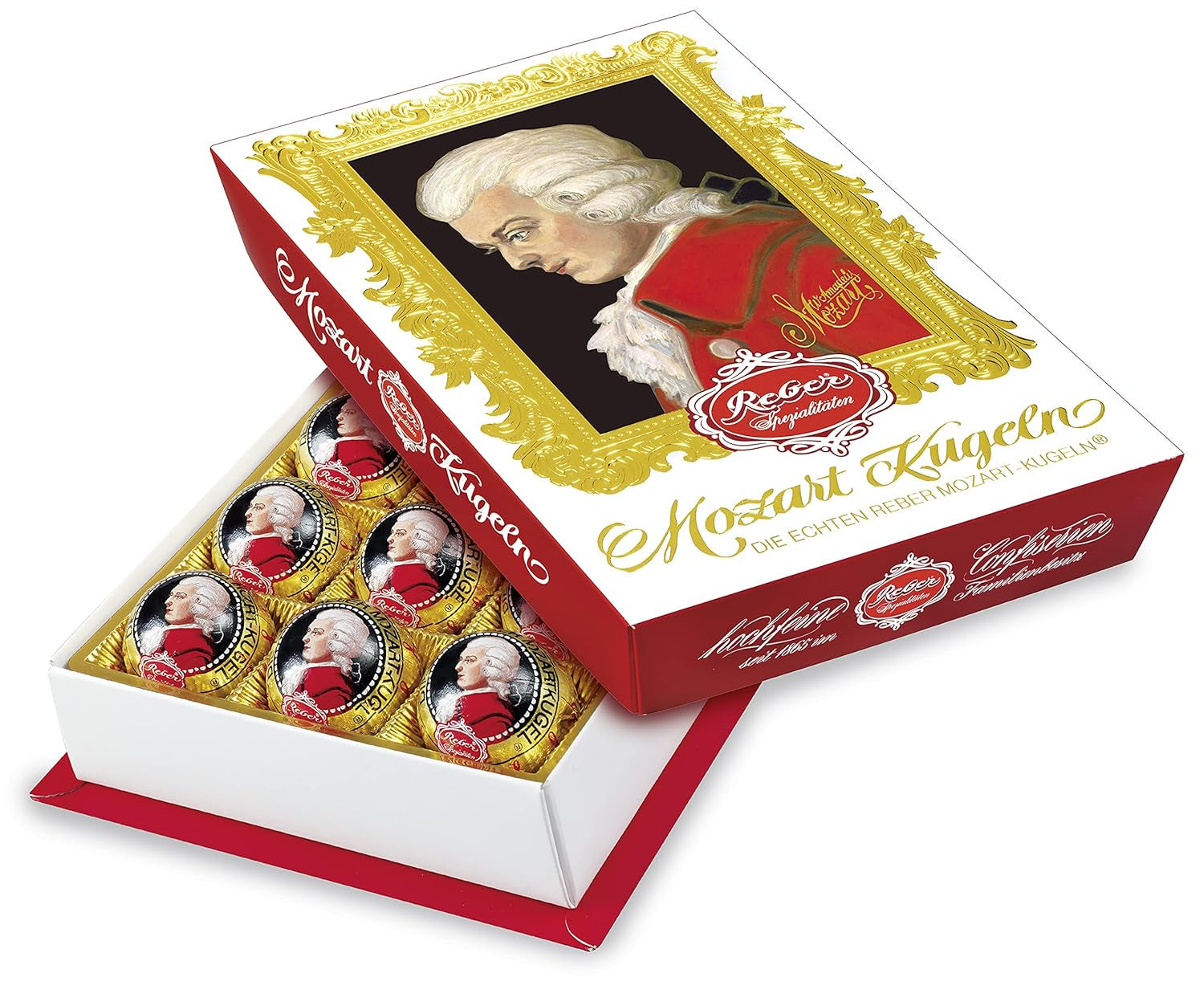 Reber Mozart kugler med mørk chokolade, pakke med 6 med marcipan og nougat, vegansk - 1 x 120 g