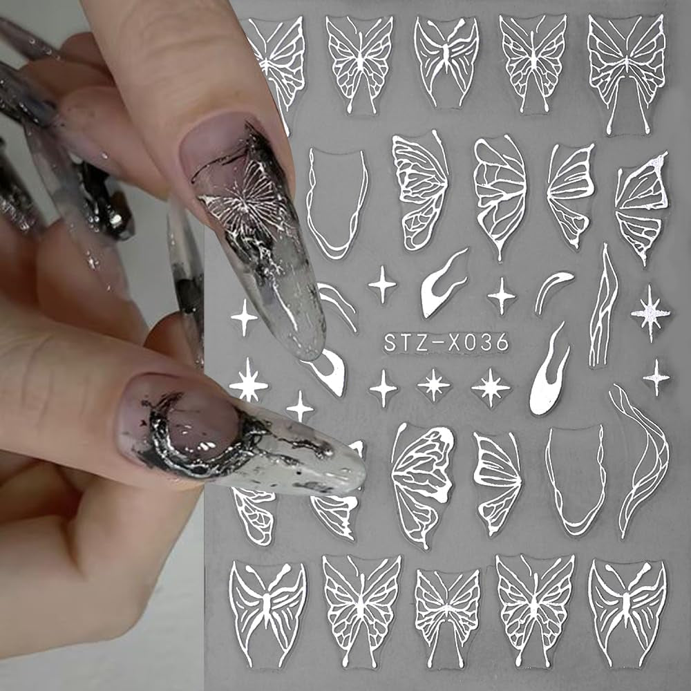 3D Metallic Schwarz Schmetterling Nagelsticker - Laser Pink Aurora Nagelaufkleber - Punk Butterfly Nail Art Stickers - Sølv Nail Sticker - Nageldesign Tilbehør