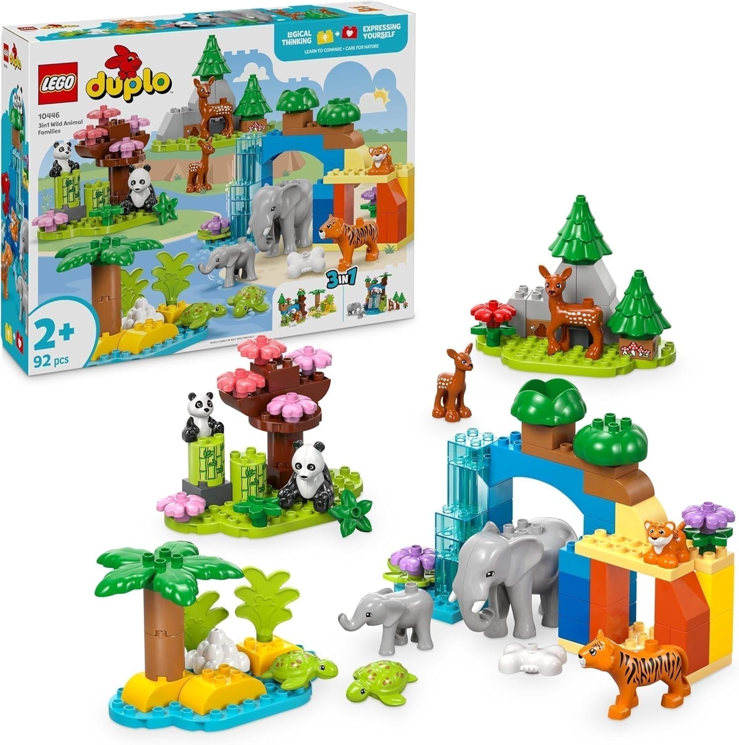 LEGO DUPLO by vilde dyrefamilier 3-i-1 sæt, pædagogisk legetøj til småbørn med skildpadder, tigre, elefanter, hjorte, pandaer, 2-årig førskolebørnssæt, dyrefigur byggelegetøj 10446 byggesæt Beuche den LEGO-Store standardtitel