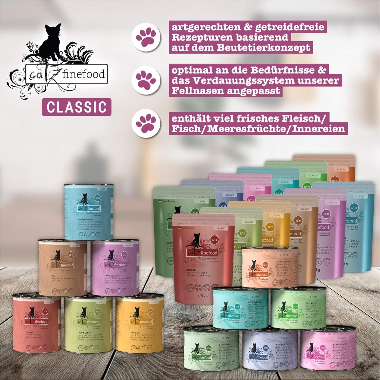 Catz Finefood Classic Collection Mixed Pack Wet Cat Food - Gourmet vådfoder til din kat, kornfri og sukkerfri, med højt kødindhold, 24 poser x 85g