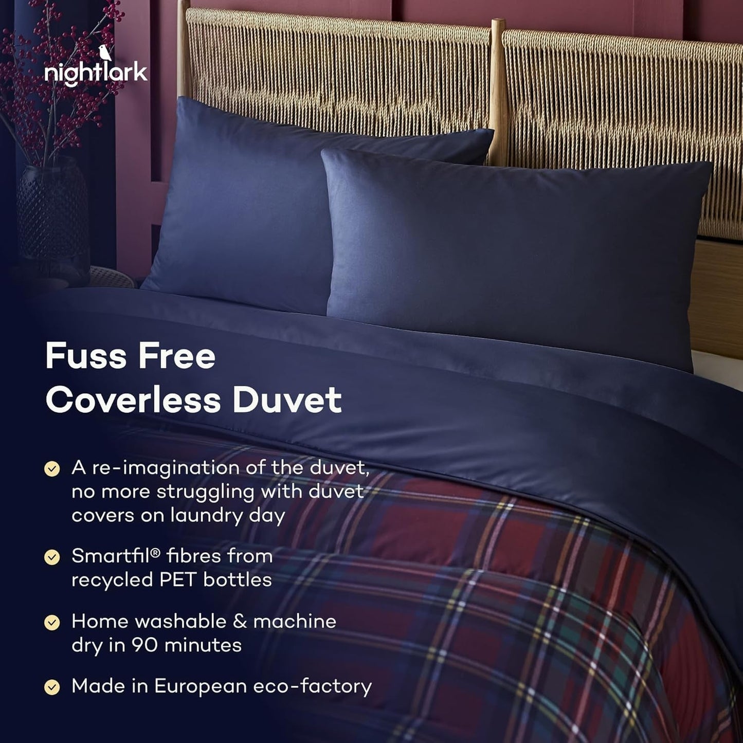 Night Lark Dyne- og Pudebetræk Sæt, 10,5 tom, Enkelt, Klassisk Rød Tartan, Luksus sengetøj, Hypoallergenisk, Maskinvaskbare Dyner og Dyner Naty Shop