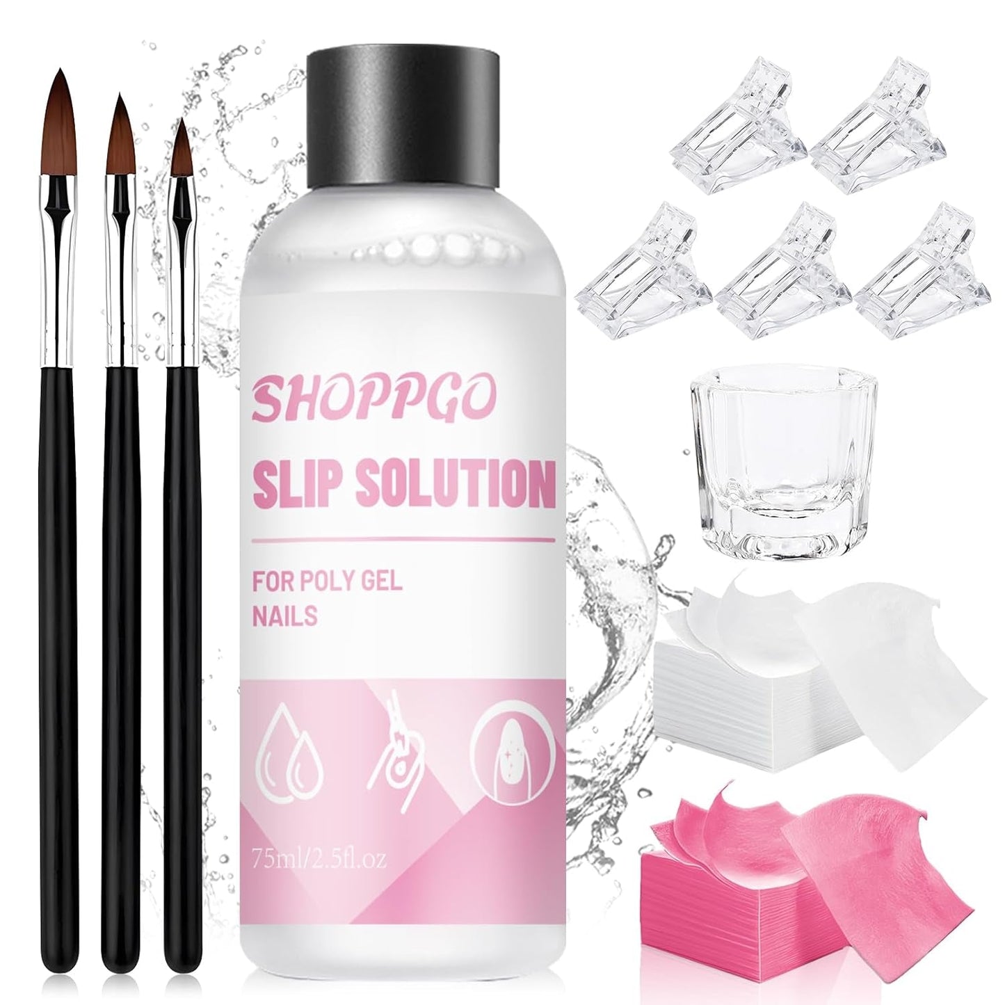 Polygel Nail Solution, Poly Gel Slip Solution Negle Kit, Polygel Liquid Nail Solutions 75 ml, 5 neglespidsklips, 3 neglebørster, 1 krystalkop, 100 rengøringsark