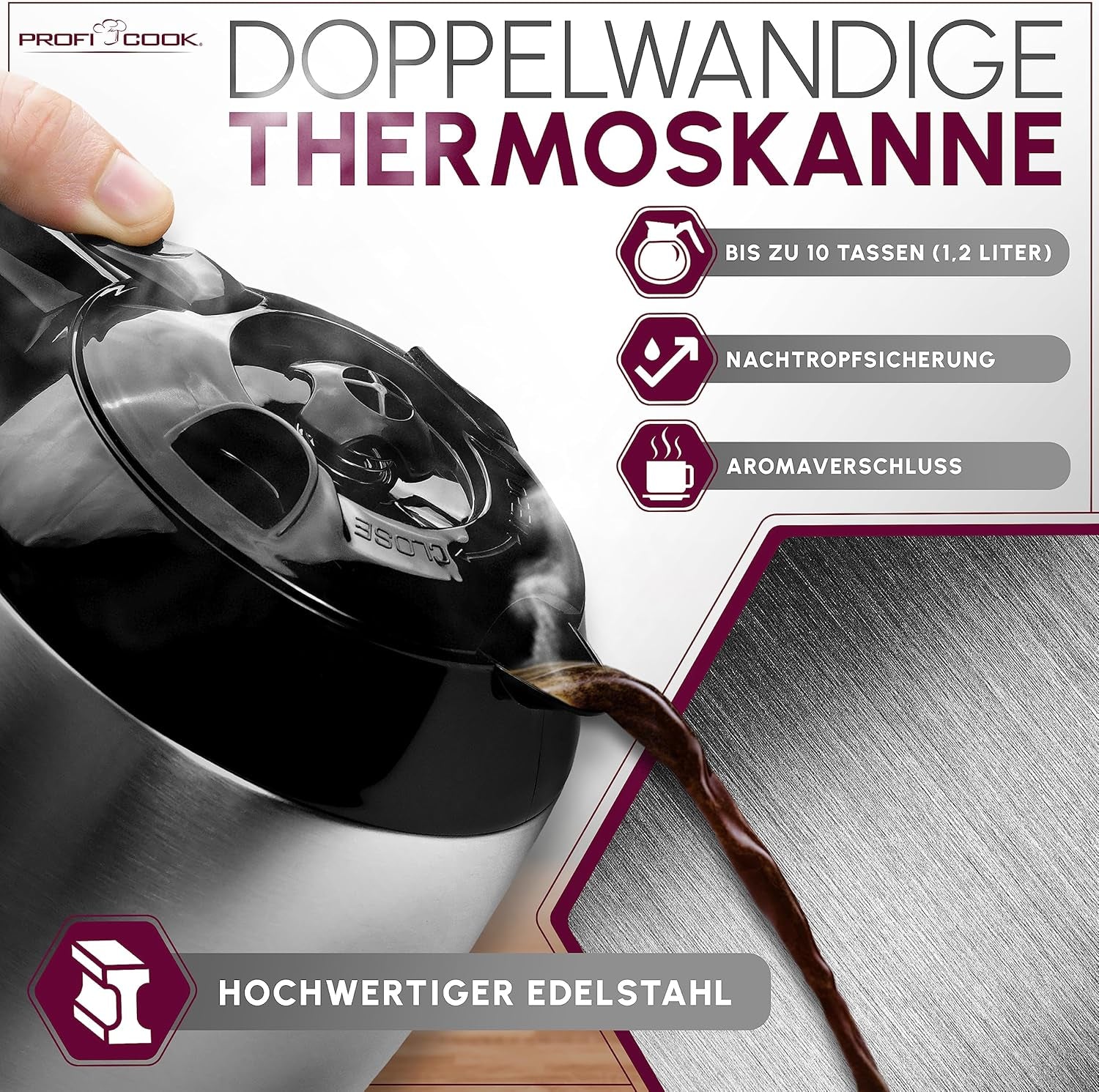 Kaffemaskine Profi Cook | 8-10 kopper | Timer | Sensor Touch-kontrol | 1,2 liter dobbeltvæg termokande | Smagsforsegling | Kaffemaskine med filter i rustfrit stål | PC-KA 1191