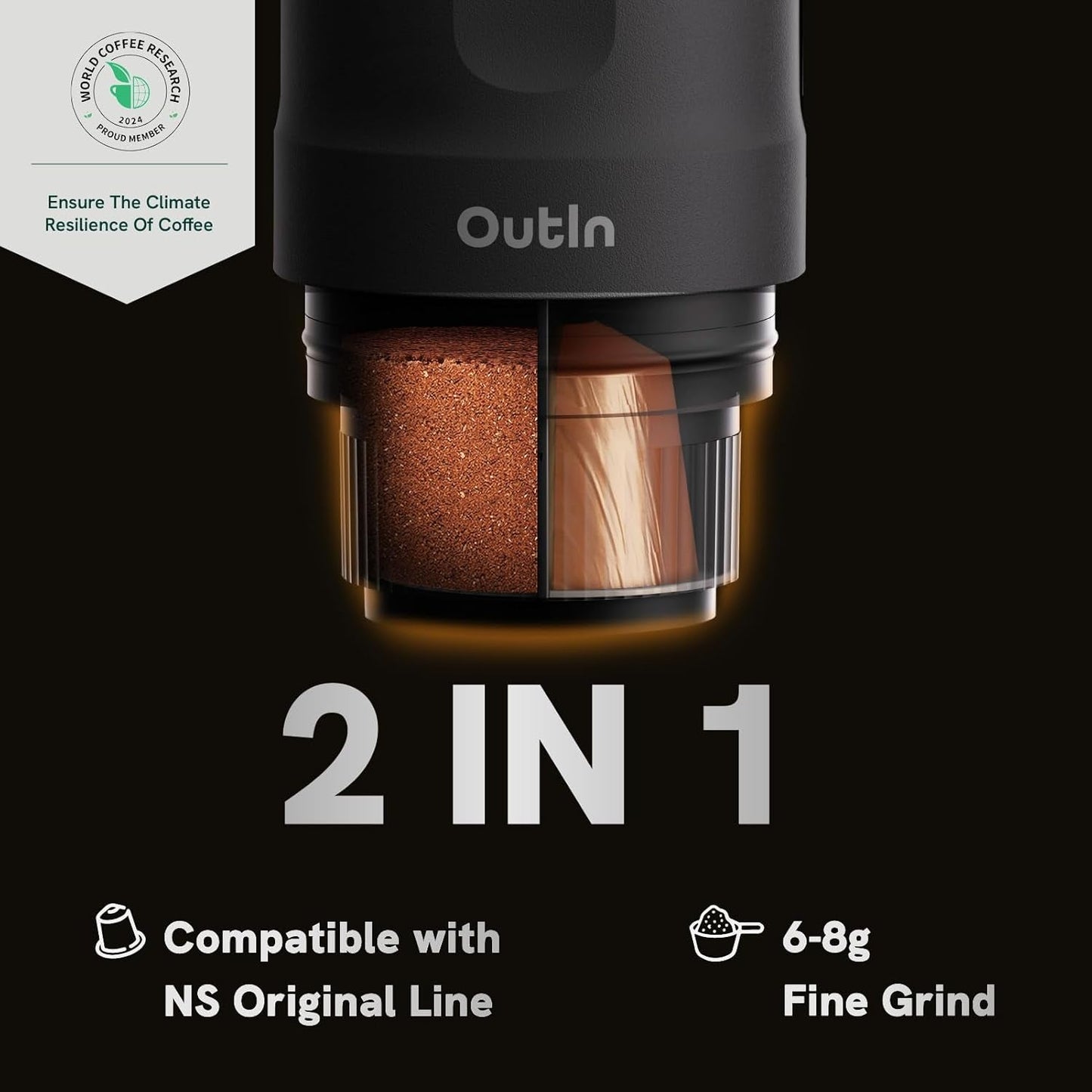 OutIn Nano bærbar elektrisk espressomaskine, campingkaffemaskine, USB-C selvopvarmende, kompatibel med malet kaffe og NS-kapsler
