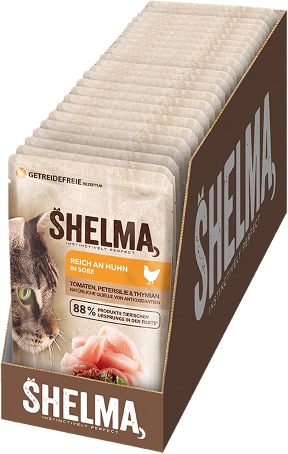 Shelma våd kattefoder med kylling i tomat- og urtesauce - komplet kornfrit foder med højt kødindhold - 28 x 85 g (2,38 kg)
