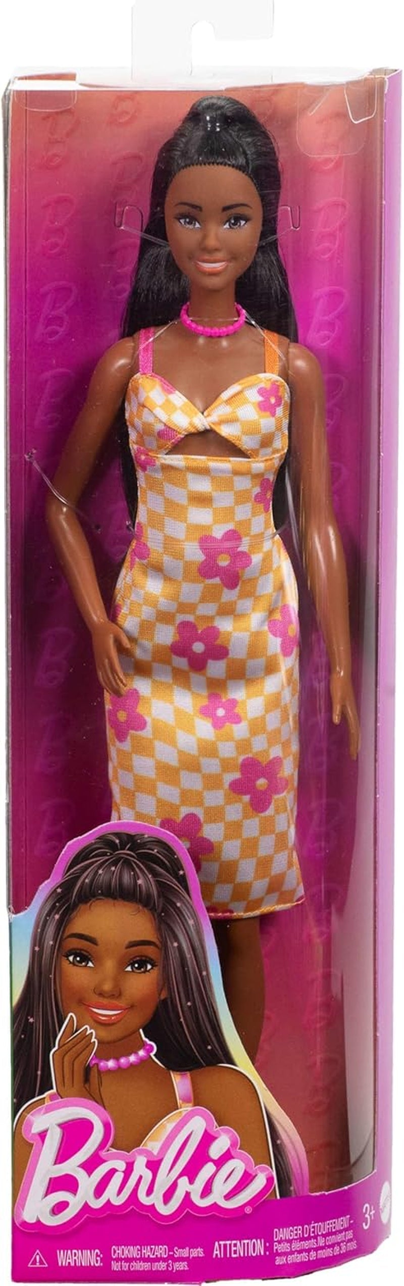 Barbie Fashionista dukke nr. 233 med sort hår, orange plaid midikjole med lyserøde blomster, halskæde og sandaler, HYT91