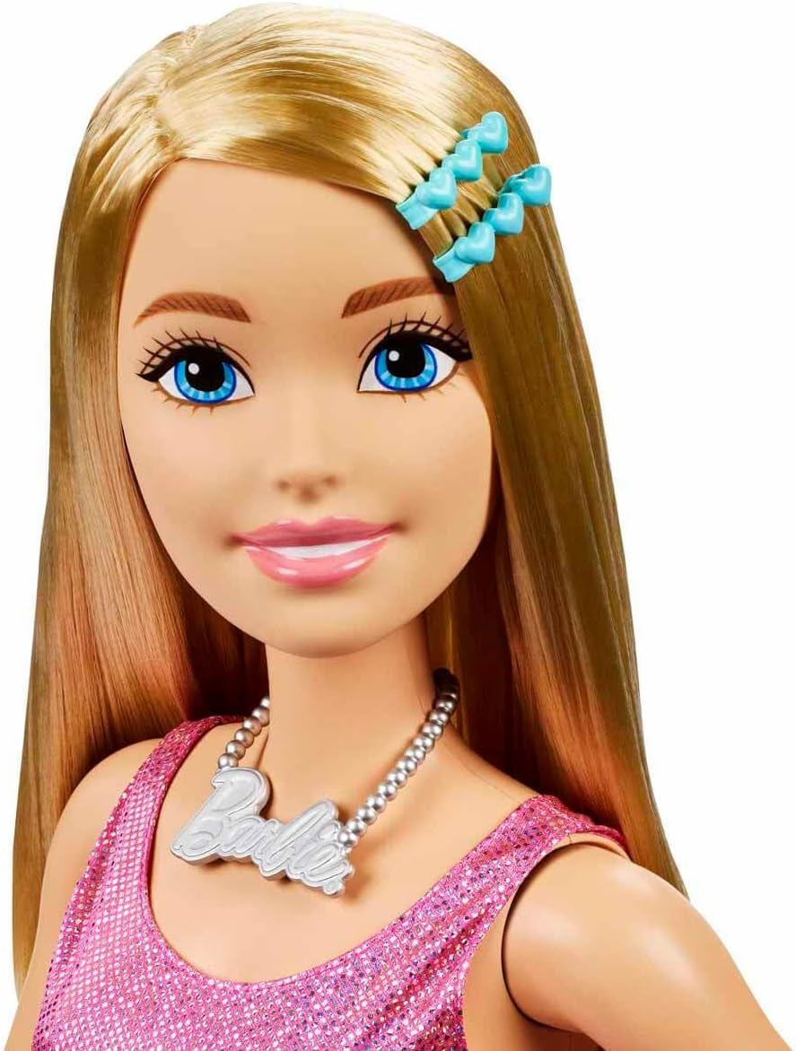 Barbie ekstra stor (71 cm) dukke - lyserød kjole, blond hår med klips og halskæde, gave fra 3 år og opefter, HJY02