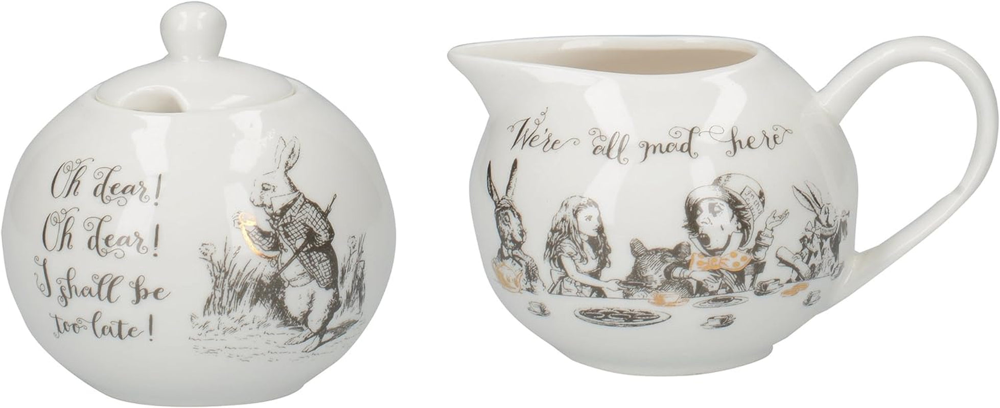 Alice i Eventyrland Fin porcelæn tekande og mælkekande, porcelæns skål og mælkekande i en luksusgaveæske
