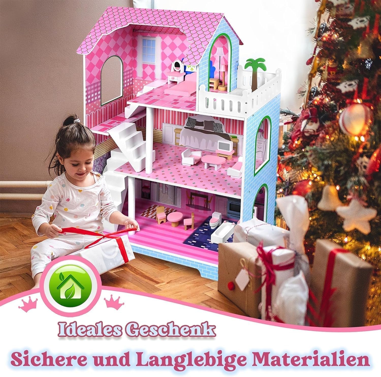 HENGMEI Puppenhaus Kinder Holz Puppenvilla Dukkehus Sæt Mädchen Spielset 3 Etagen Haus med Möbeln og tilbehør, 70x30x100cm Puppenhæuser for Kinder (Typ B)